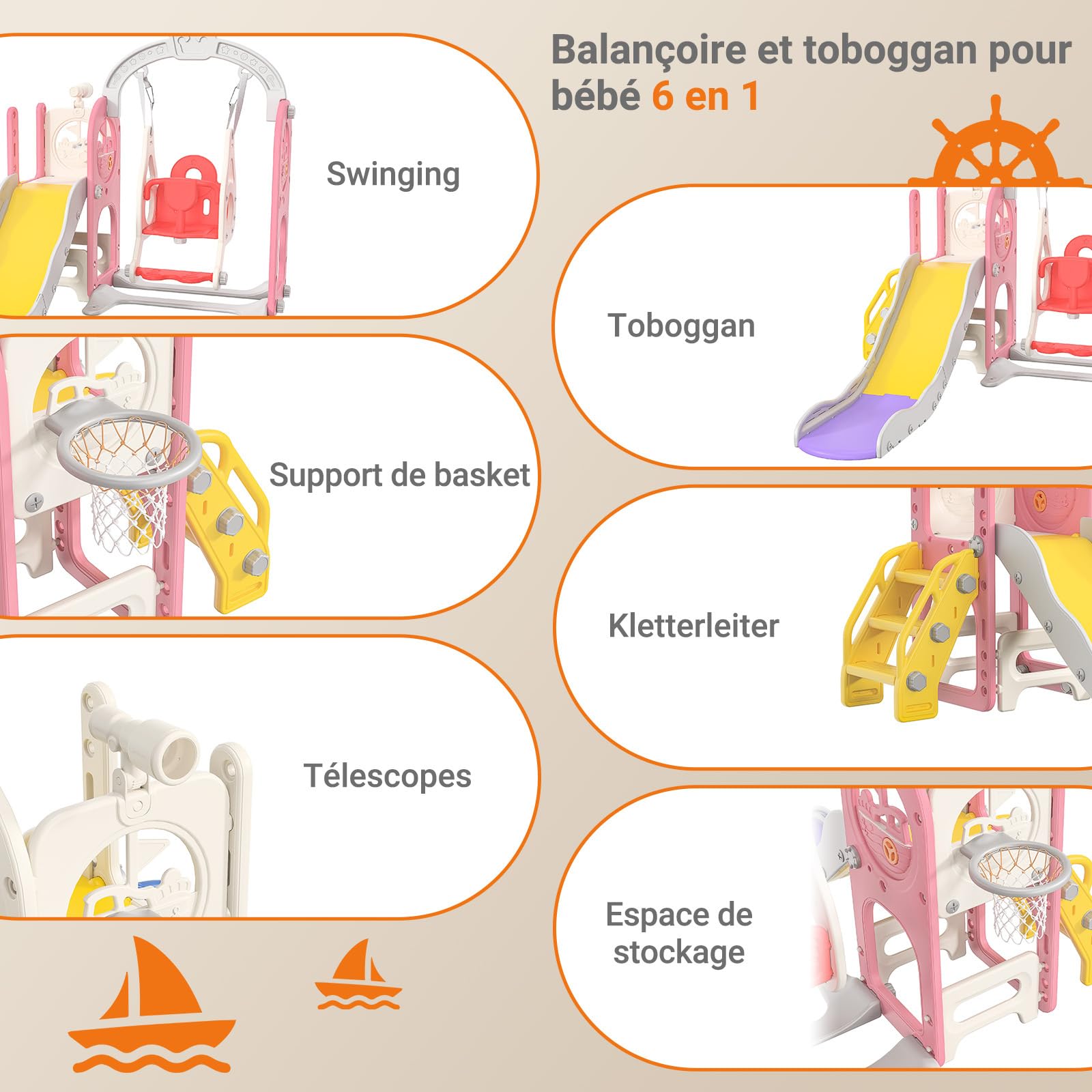 Rutsche für Kinder, 4-in-1, mit Schaukel und Basketball-Ständer, Rutsche für den Innen- und Außenbereich, unabhängiges Kletterset für Kleinkinder, geeignet für Garten, Haus (Rosa)