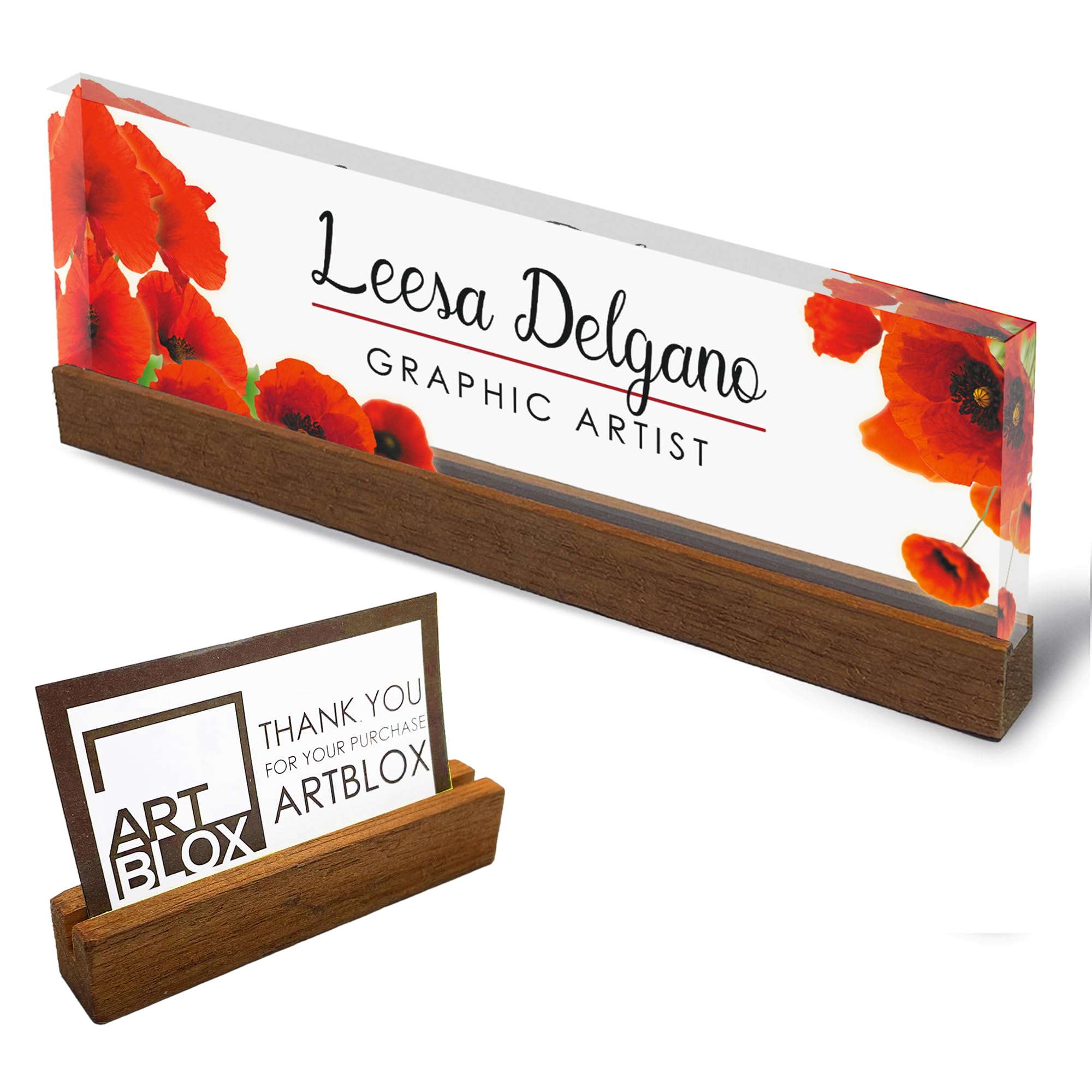 ARTBLOX Personalized Acrylic Desk Name Plate, Poppy Flowers, Wood Stand