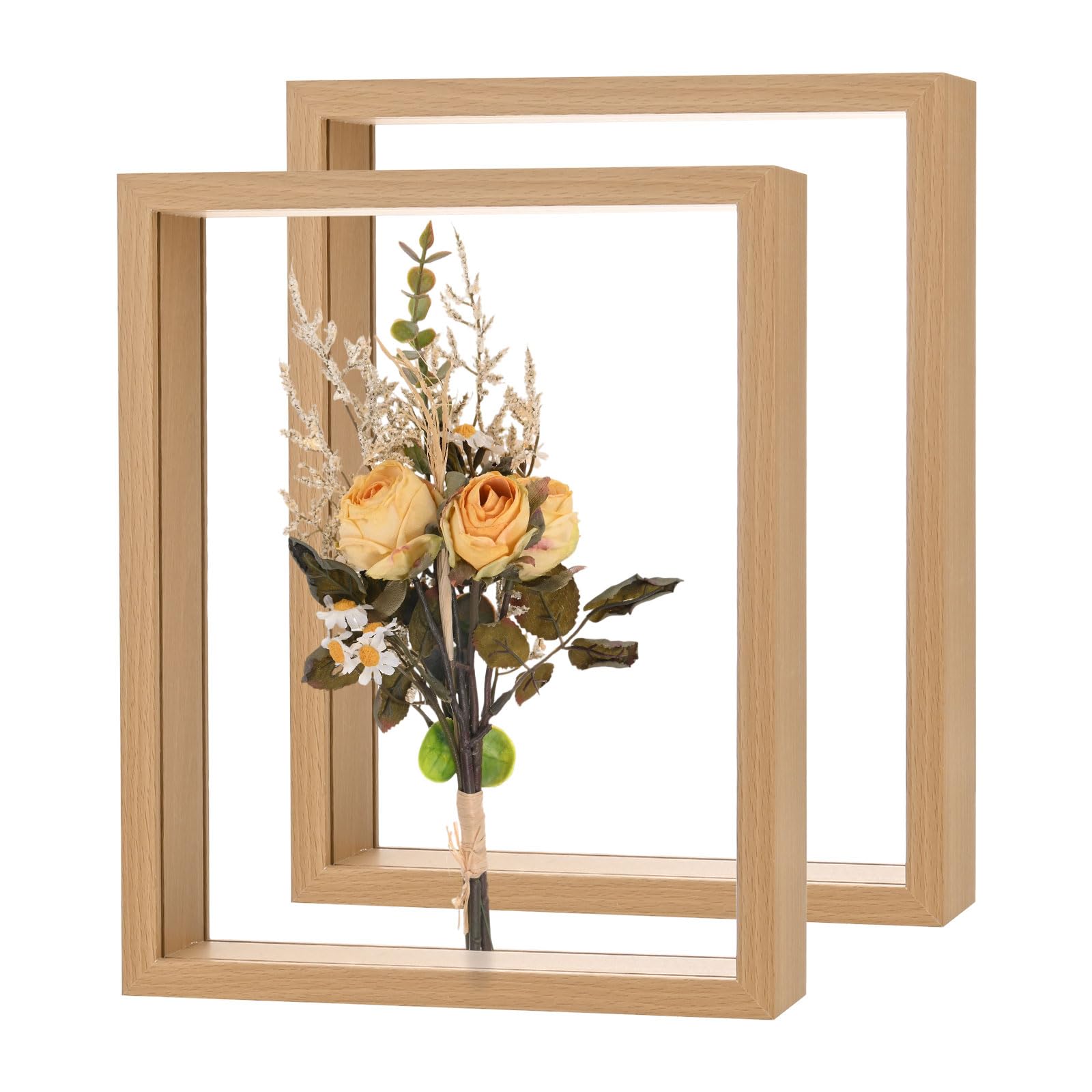 M METERXITY 2-Pack Dried Flower Frame, 8 x 10 Inch Double Acrylic Wooden Dried Flower Photo Floating Frame for Tabletop/DIY/Handicrafts [Wood Color]