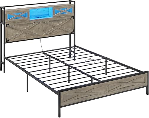 Miniatura 8 de Hasuit Base de cama de granja tamaño Queen con luces LED y estación de carga, cama Queen de plataforma rústica con cabecera de almacenamiento con