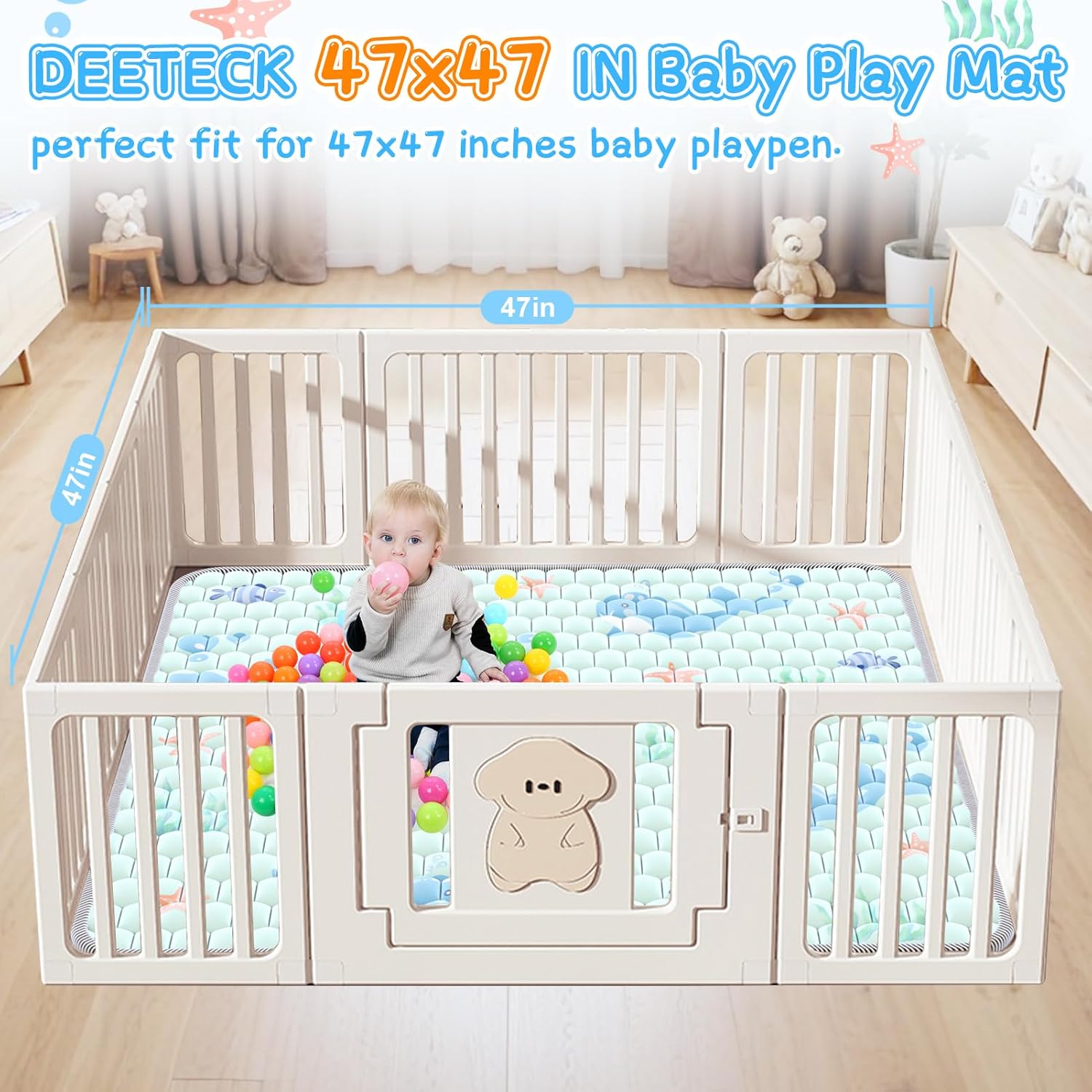 Baby Play Mat 47x47inch - Thicken Soft Baby Cushioned Playmats for Playpen - Crawling Play Mats for Babies Toddlers Infant with Non-Slip Silicon Dot - Foldable & Machine Washable Baby Floor Play Mat