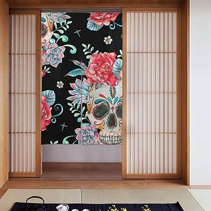 Amazon のれん おしゃれ 目隠し 暖簾 和風 髑髏 花 派手 玄関カーテン ロング 遮光 断熱防寒 間仕切り のれん 玄関 キッチン リビング 飲食店 出入り口 幅86cm 丈143cm のれん オンライン通販