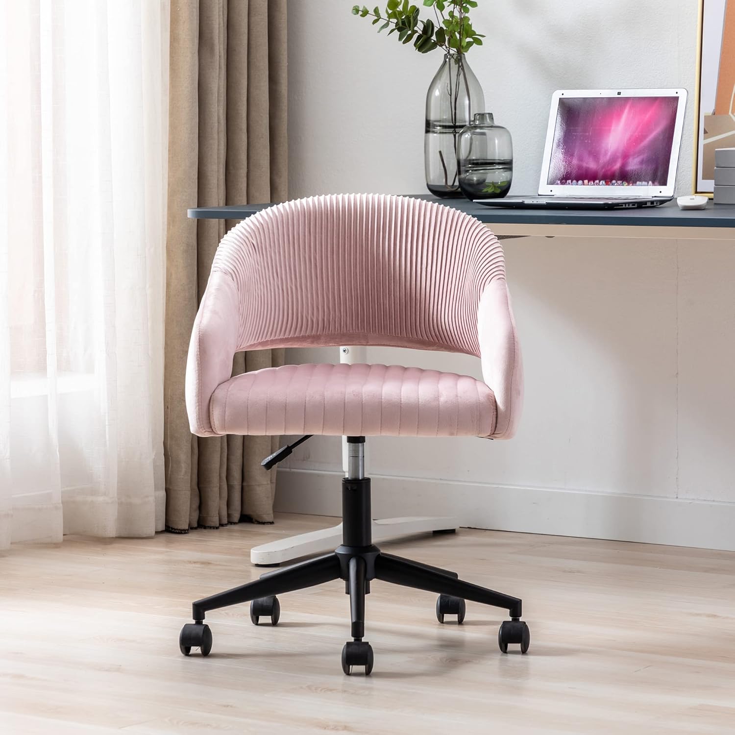 Black Friday - 50% OFF Goujxcy Desk Chair,Modern Velvet Fabric Office Chair,360° Swivel Height Adjustable Comfy Upholstered Leisure Arm Accent Chair (Pink)