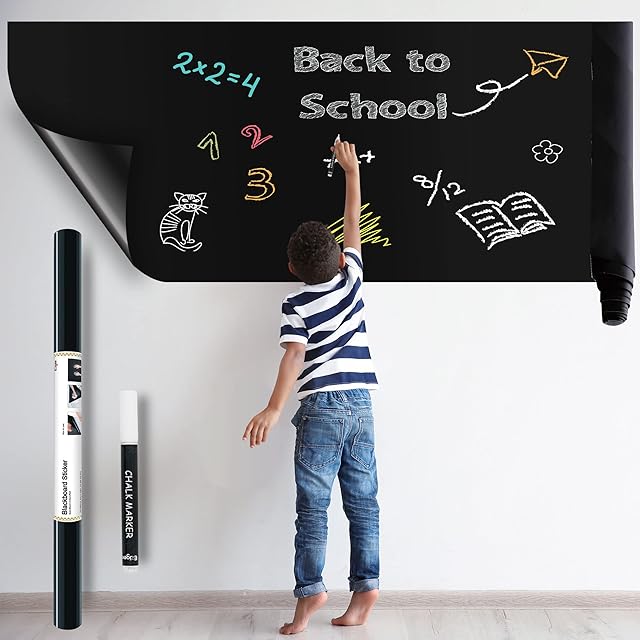 Ezigoo Blackboard Sticker Removable Adhesive Vinyl Chalkboard Paper Roll Wall Chalk Board Decal Paper for Home Kitchen Office School Menu - 1 Roll with 1 White Chalk Marker Pen - 60cm x 310cm