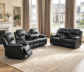 Faux Leather Recliner Sofa Set,Reclining Sofa Couch with Double Recliners,Black Recliner Couch Set with Cup Holders and Drop-Down Table for Living Room/Office/Home Theater3 Pieces Set