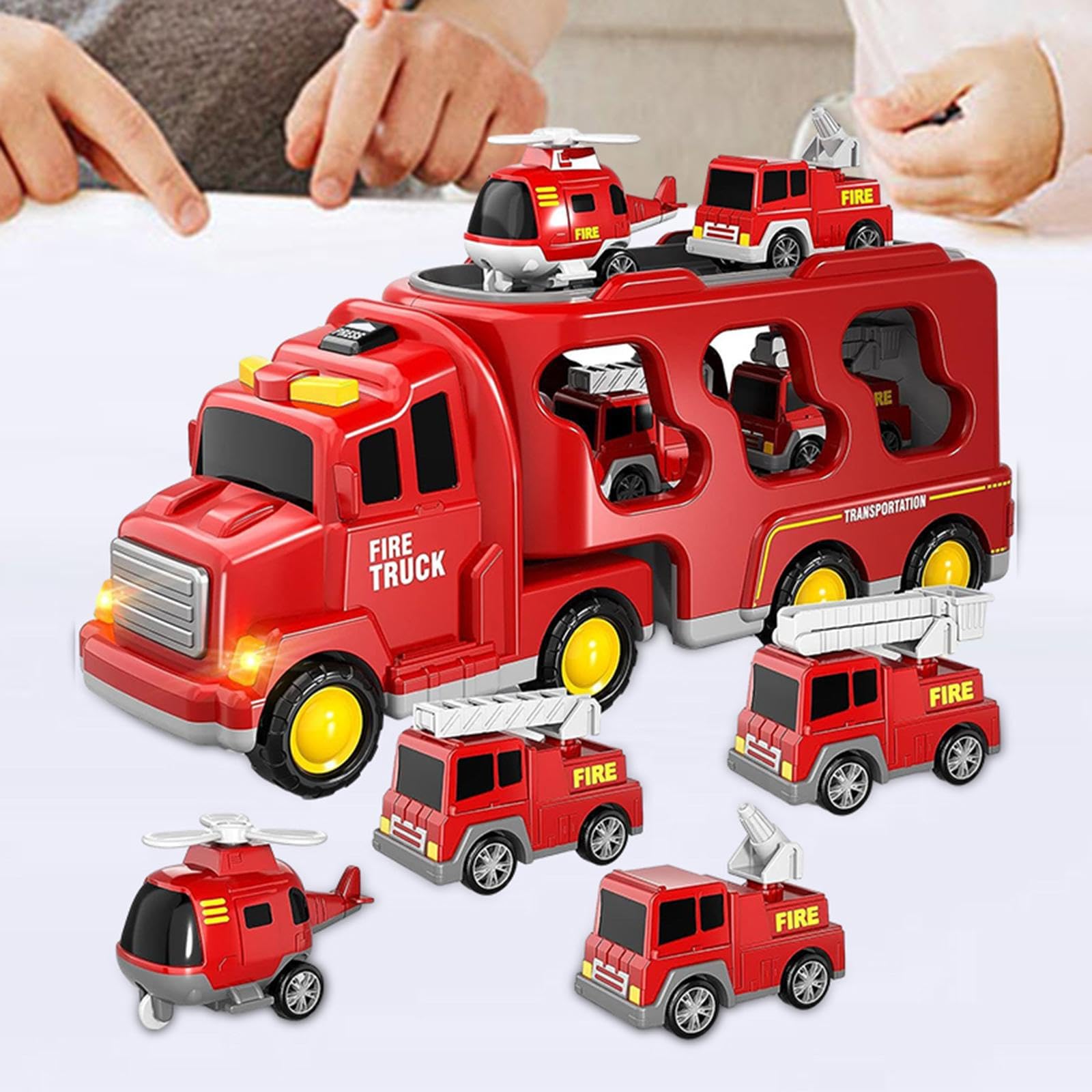 7 Stück Feuerwehrauto Spielzeug Set Mini Diecast Autos Transporter Friktionsgetrieben mit Licht Musik Notfallfahrzeug Aufbewahrung für Geschenk Frühes, Rot