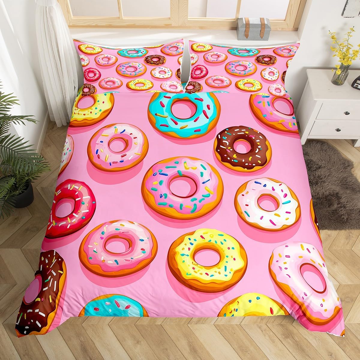 Erosebridal Food Bedding Set, Colorful Donuts Duvet Cover King Size for Kids Girls Boys, Dessert Design Comforter Cover, Soft Lightweight Bedspread Cover Bedroom Living Room Decor, Pink