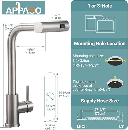 Miniatura 6 de APPASO Grifo de cocina en cascada con rociador extraíble, grifo de cocina de níquel cepillado con rociador de 3 modos, grifo de fregadero de cocina