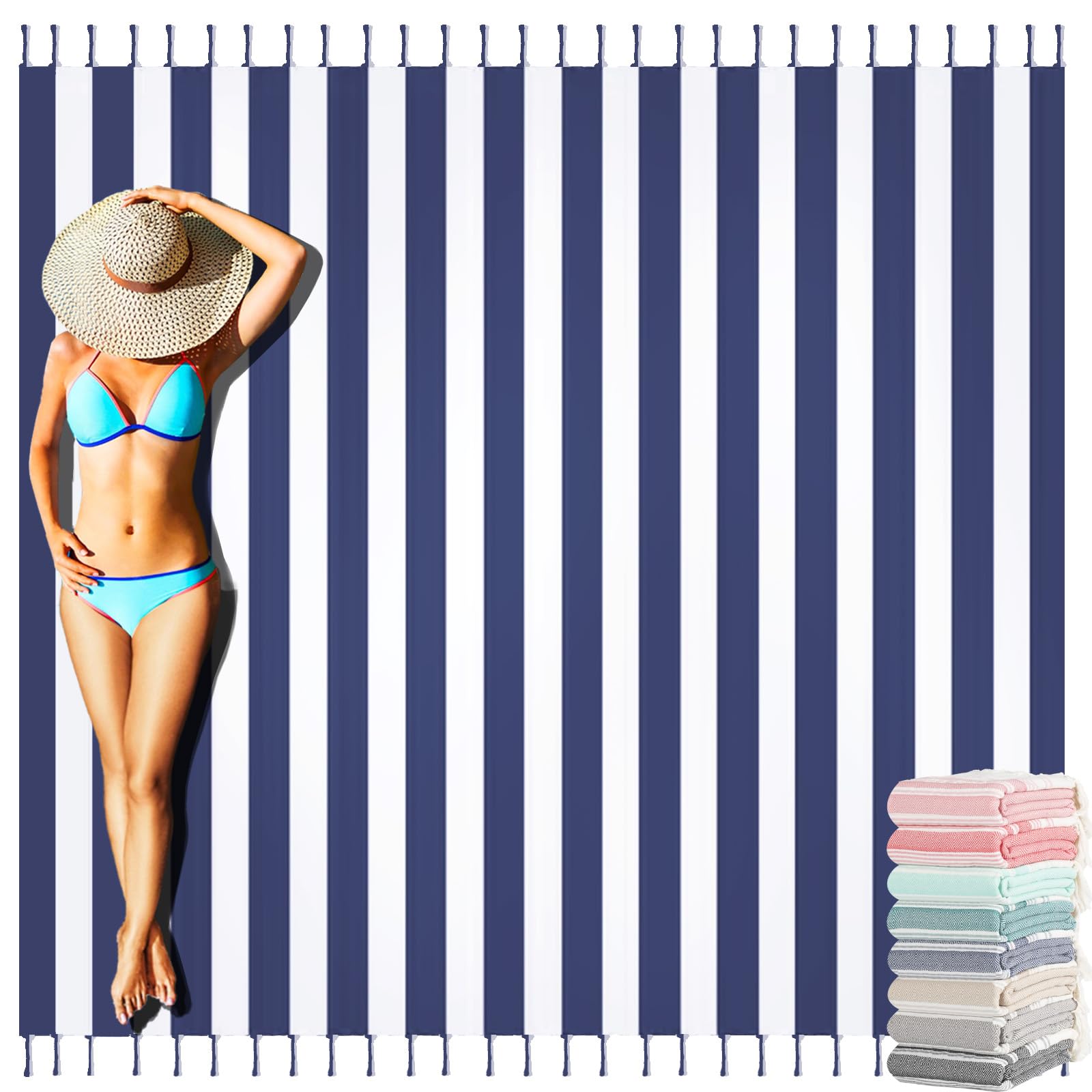 Yongoes Turkish Beach Towel Blanket Oversized 81x91 Blue Striped