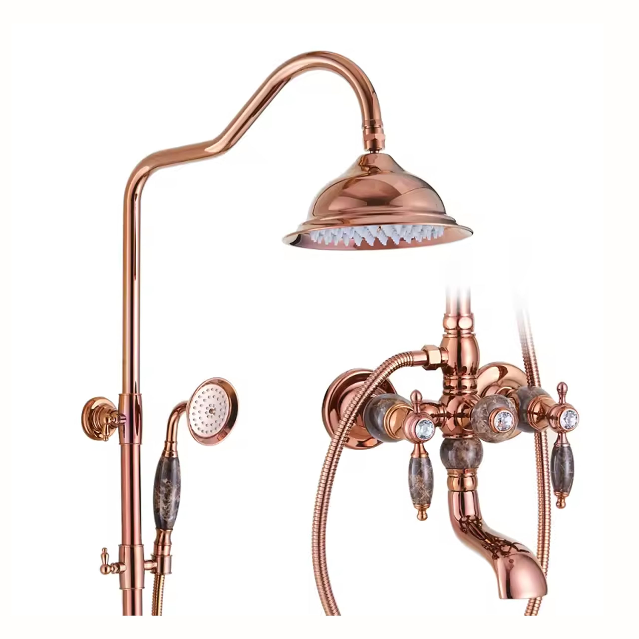 Aquieen® Shower Column Set Wall Mounted Wall Mixer with Sliding Rail, Hand Shower, and Overhead Shower (Jade - Rose Gold)