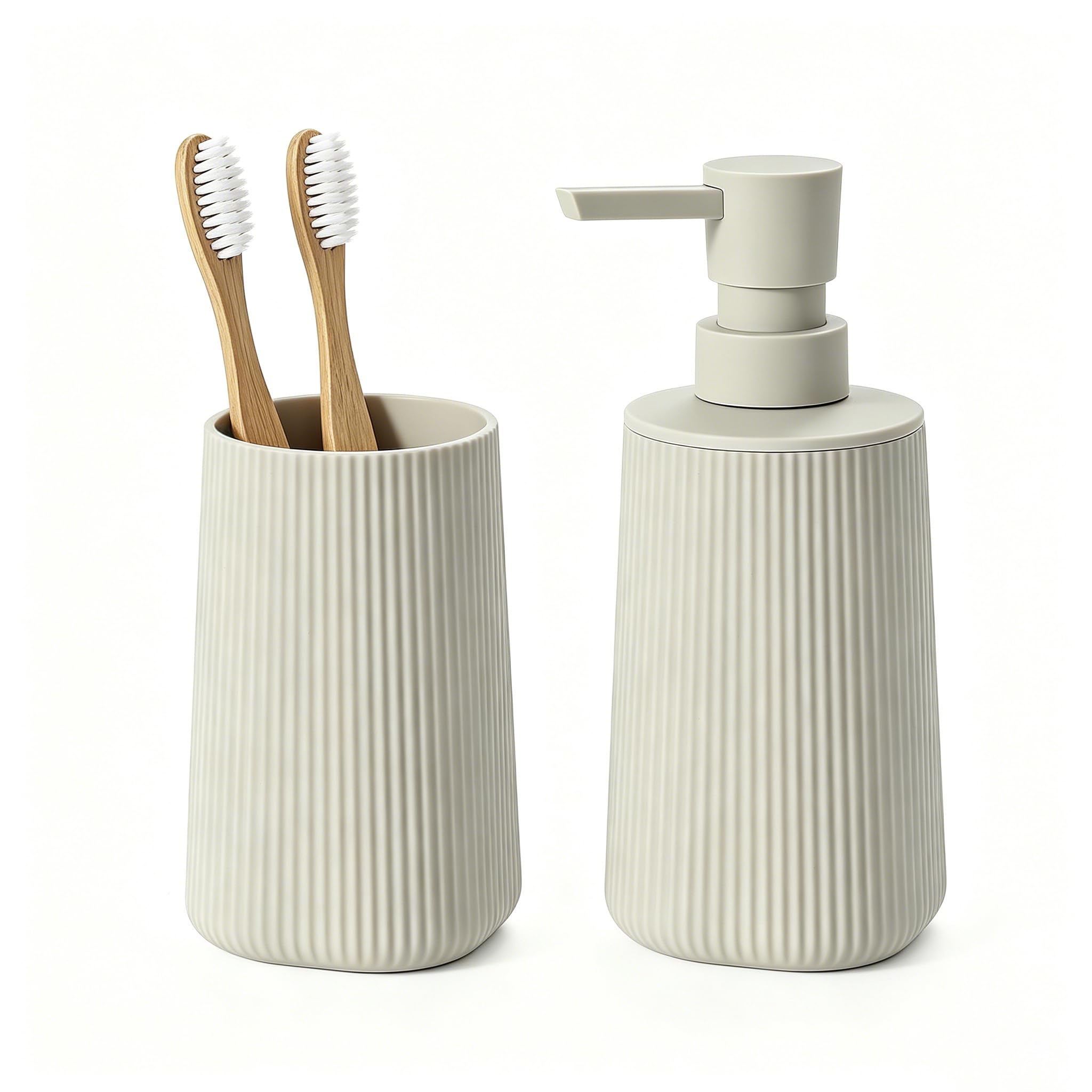 GAHEFY Juego de 2 accesorios de baño con dispensador de jabón de 250 ml y vaso para cepillo de dientes, diseño moderno de plástico ABS, para lavabo y bandeja de baño (beige)