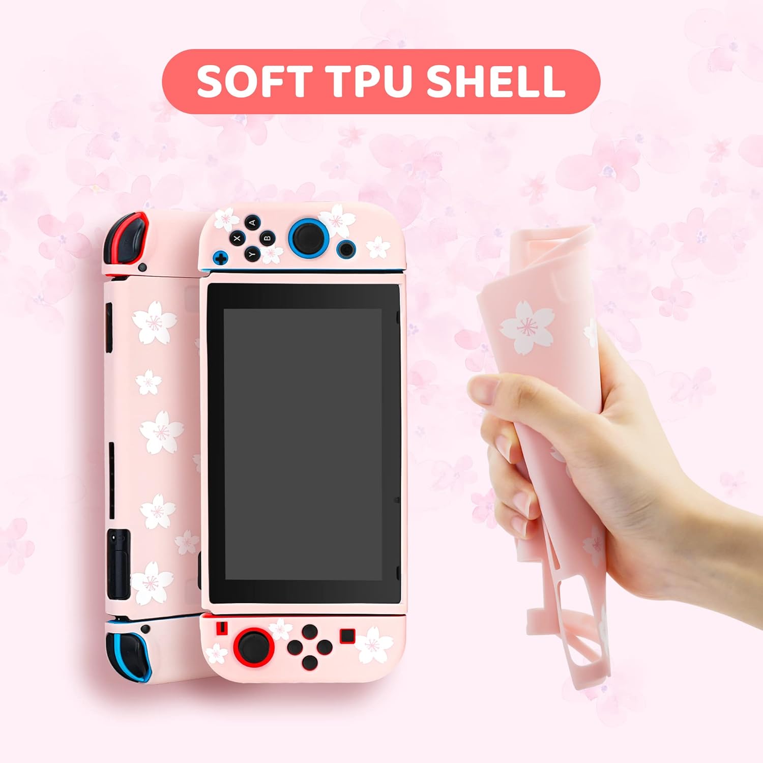 FANPL Cute Carrying Case Bundle for Nintendo Switch, Pink Switch Accessories Kit with Hard Travel Case, Soft TPU Cover, Adjustable Strap, Screen Protector, Thumb Grip Caps, Pink White Sakura for Girl - Image 4