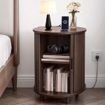 DHH Table ronde avec stockage & Station de recharge, Table latérale Accent Fluted avec porte coulissante & Plateau réglable, Table de chevet pour petits espaces, Salon, Chambre (1, Noix jaune)