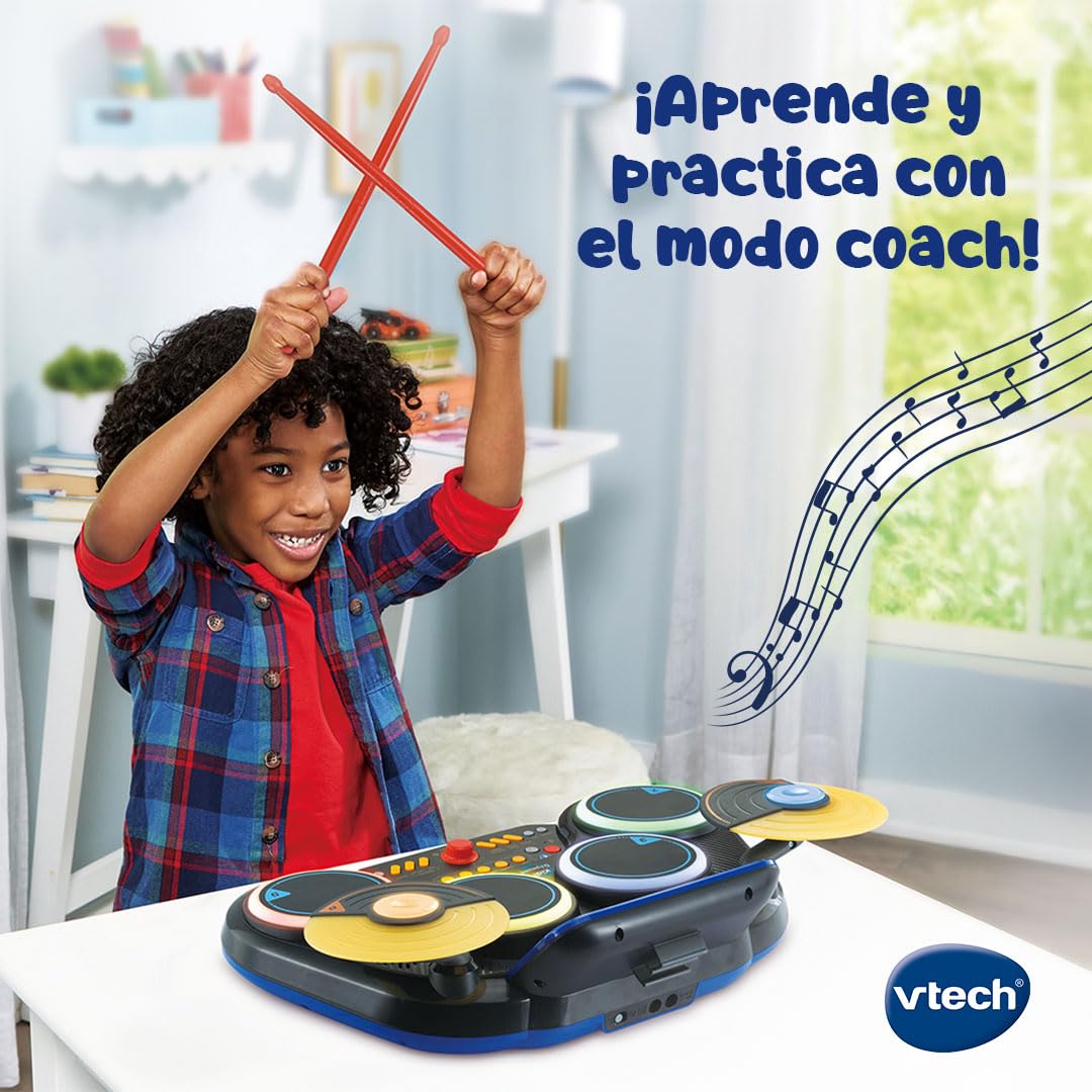 VTech - Kidi DJ Drums, 10 w 1 elektroniczny zestaw perkusyjny dla dzieci z podświetlanymi podkładkami, spodkami, pałeczkami, Bluetooth, nauką i grami, prezent dla dzieci +6 lat, wersja hiszpańska