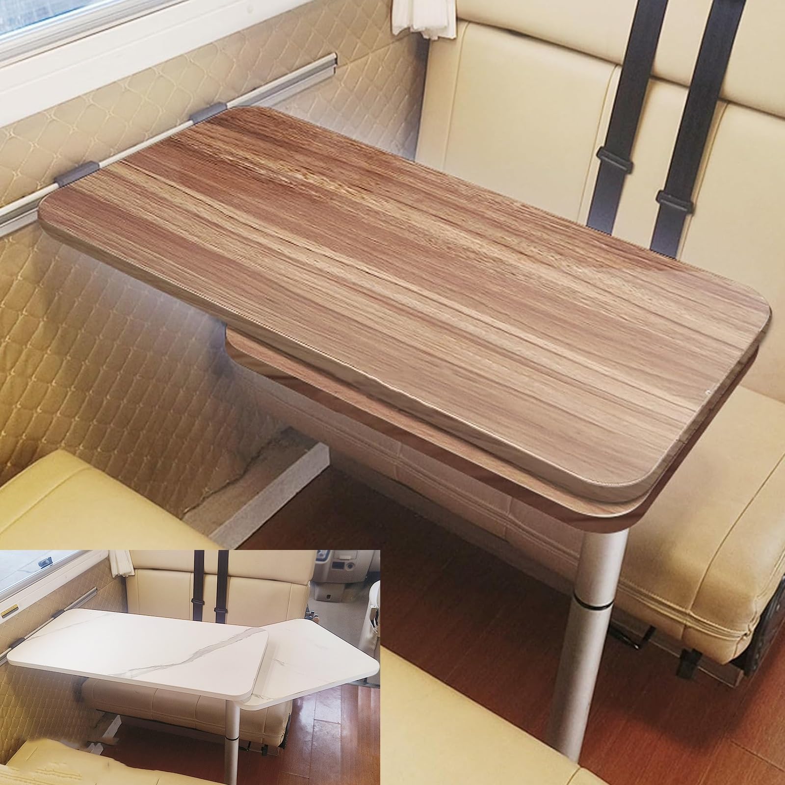 Adjustable Height RV/ Boat Table – 22-28 Inch Solid Wood Table With 4 Cup Holders & Support Rod