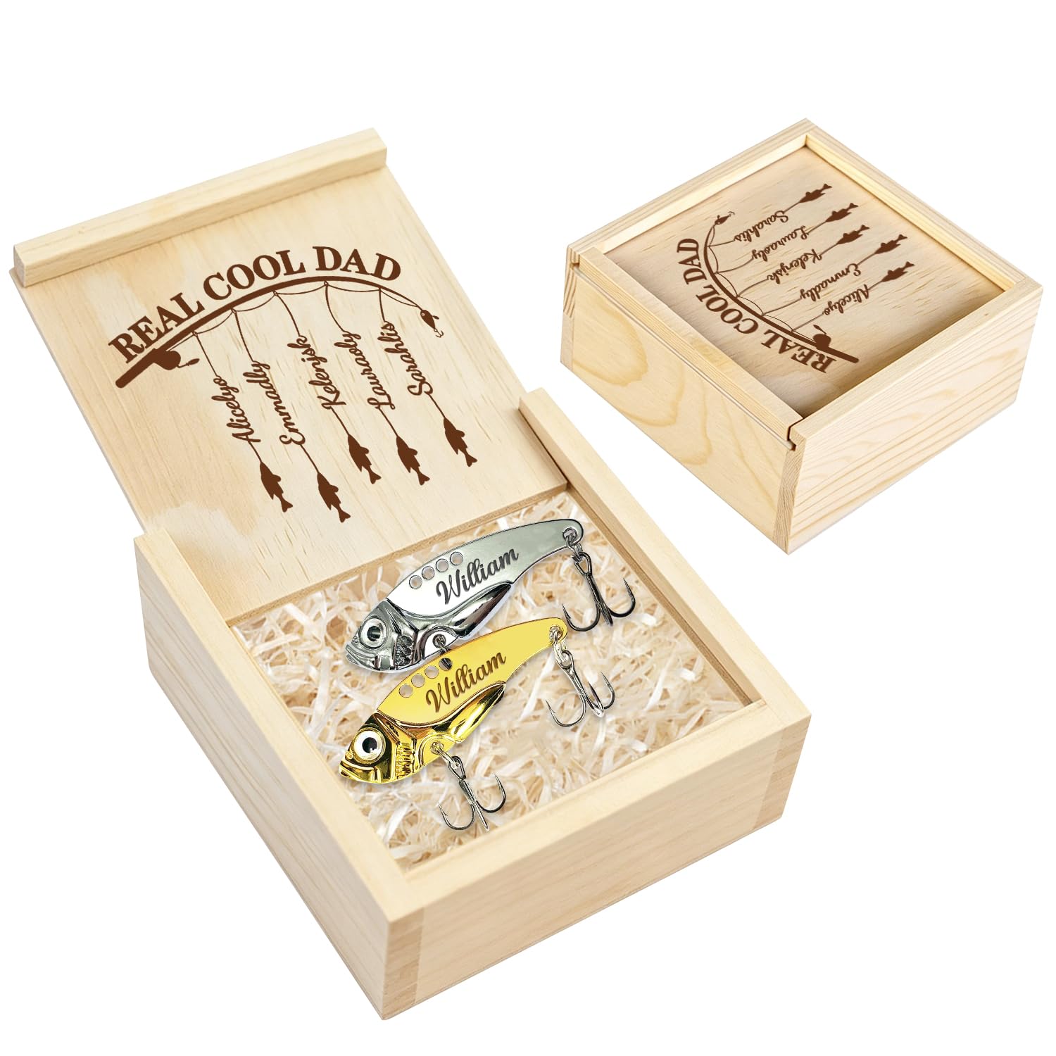 Personalized Engraved 2 Pcs Dad Fish Shape Fishing Lures with Wooden Box Set, Custom Name Father's day Metal Fishing Lure Hook for Men Husband, Fathers day Fisherman Gift for Dad Papa (Style08)