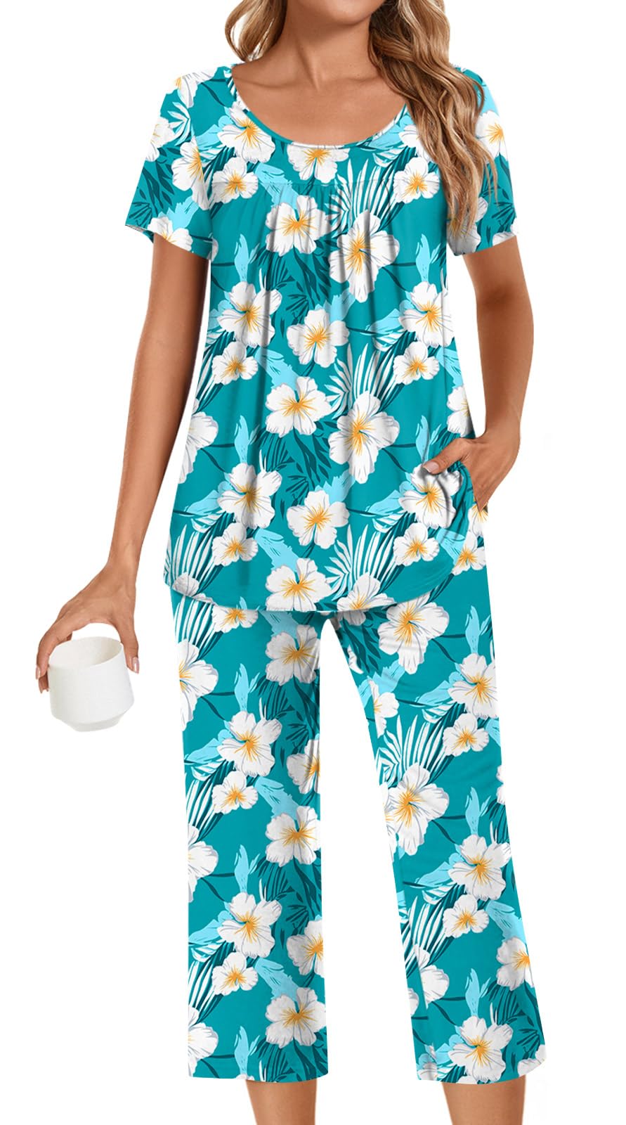 POPYOUNG Womens Pajama Sets Summer Ladies Pjs 2 Piece Loungewear Capri with Pockets Sleepwear