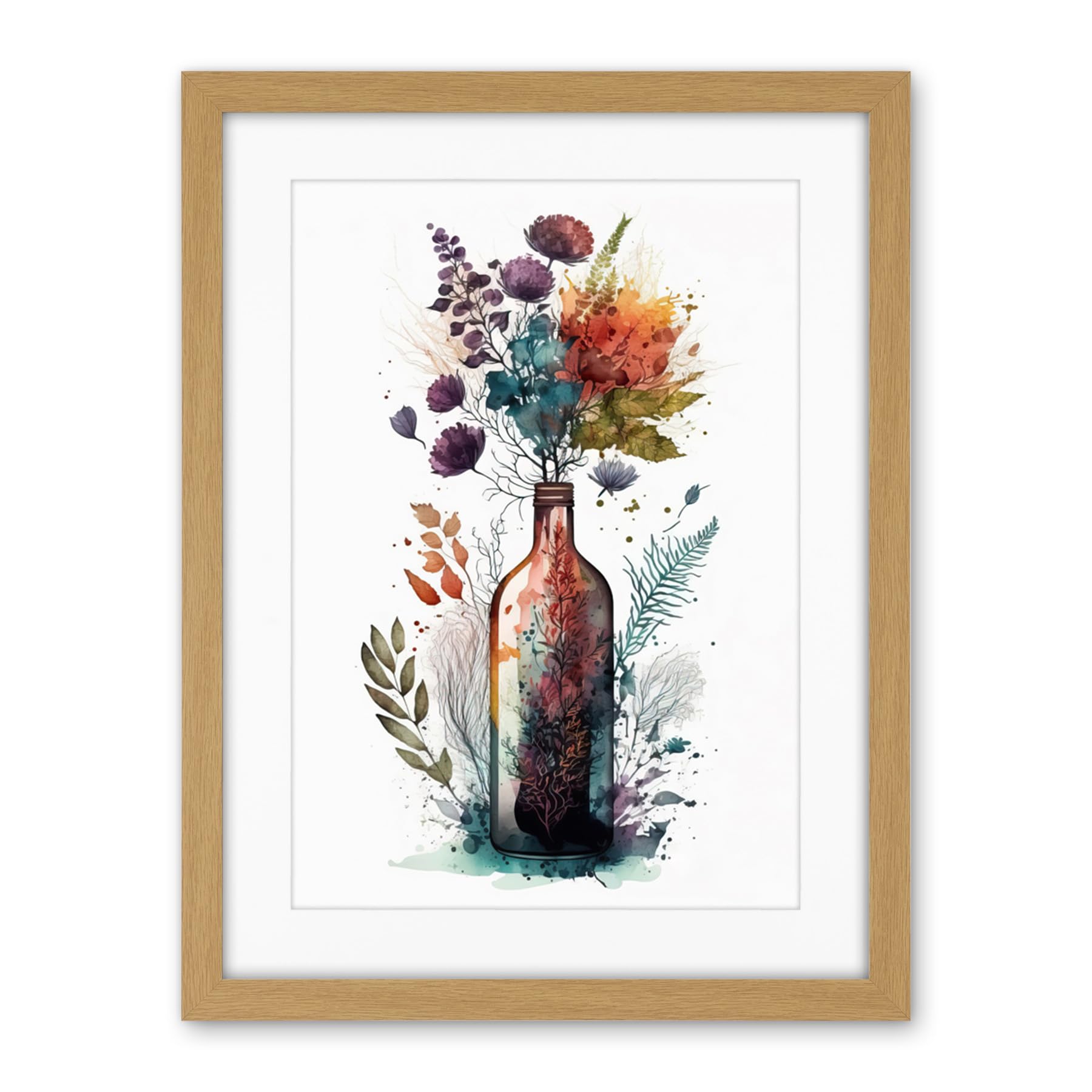 Artery8 Wine Bottle with Wildflower Floral Spring Bouquet Artwork Framed Wall Art Print 18X24 Inch