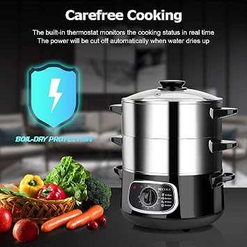 Secura 2 Stainless Steel Food Steamer 8.5 Qt Electric Glass Lid Vegetable Steamer Double Tiered Stackable Baskets with Timer