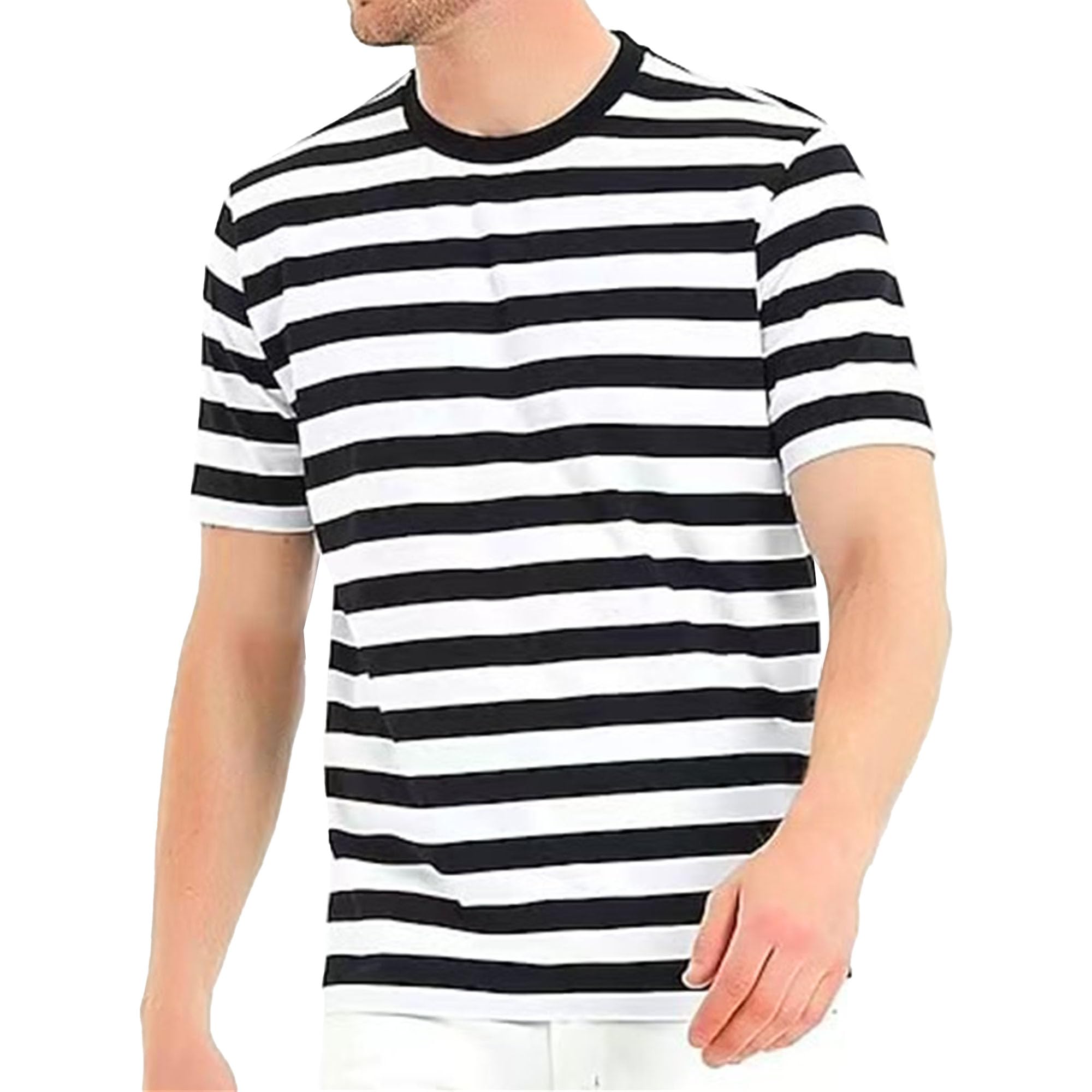 Men Simple Striped Printed T-Shirt Classic Casual Trendy Golf Sports Shirts Summer Loose Crewneck Pullover Tops (Black,X-Large)