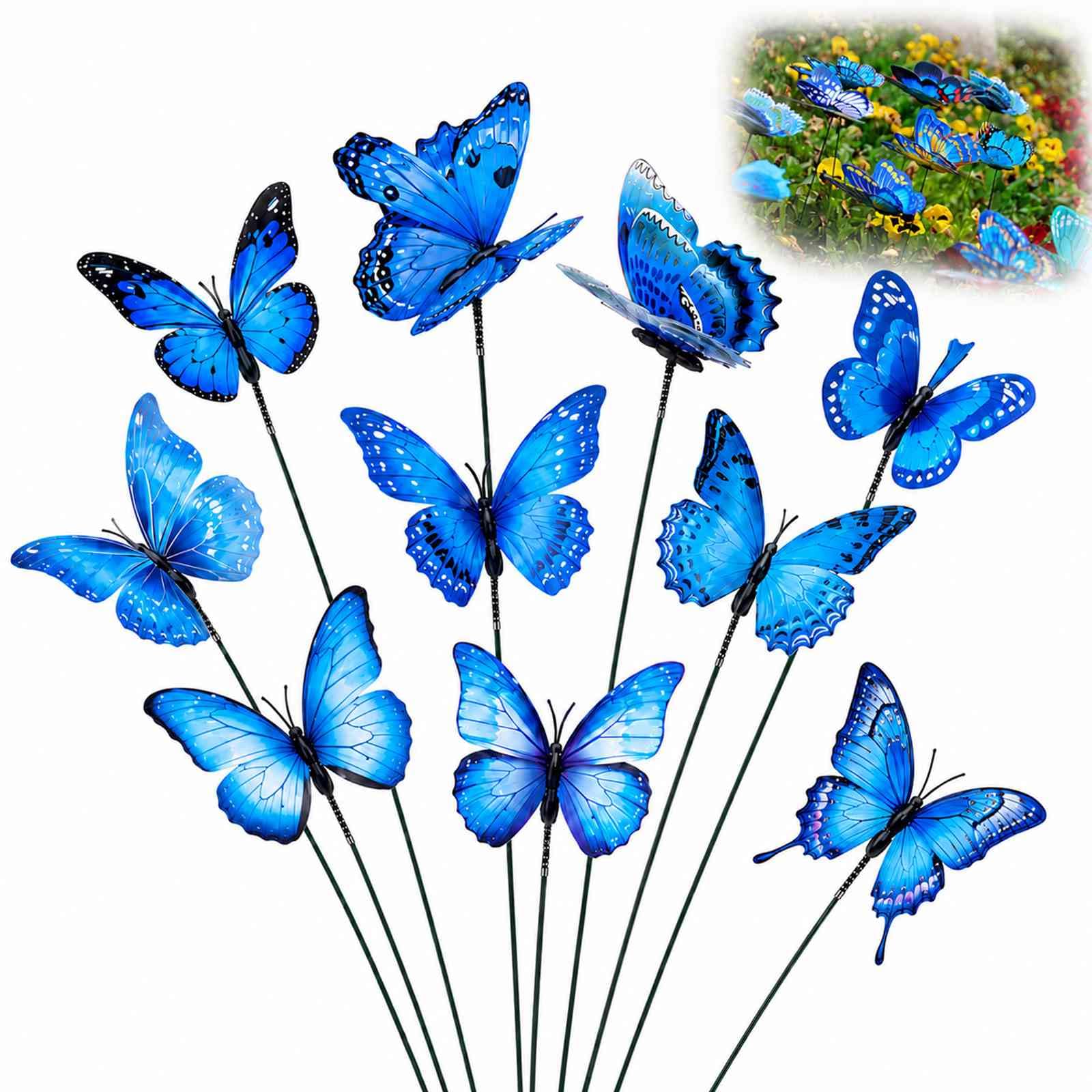 WHJYCC 10 Blue Butterfly Garden Stakes - Lifelike Waterproof Metal Outdoor Ornaments For Flower Pots, Patio, Lawn, And Fairy Garden Decor, Easy Insertion Stakes With Dynamic Poses And Vibrant