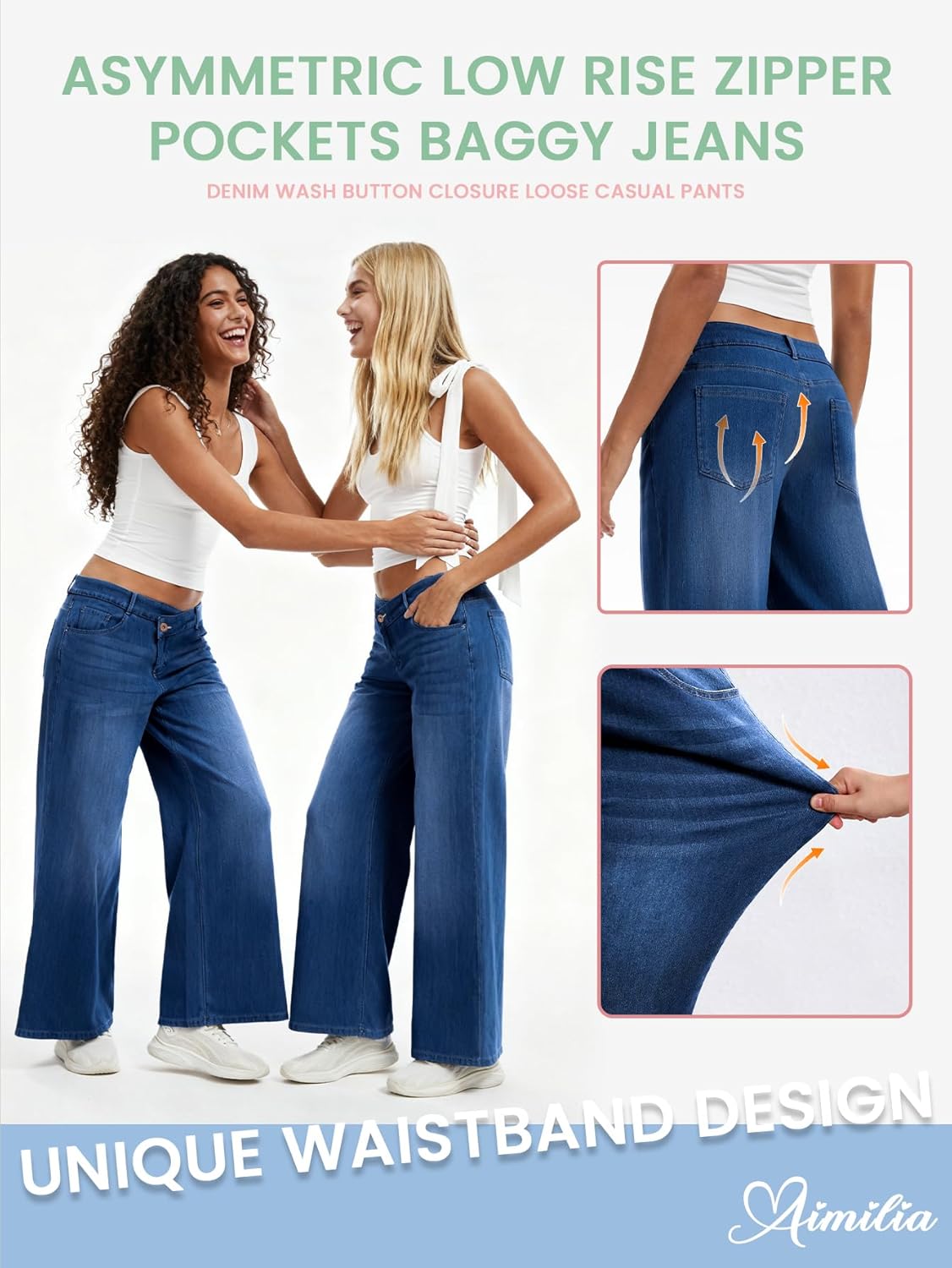 AIMILIA Women's Low Rise Wide Leg Jeans, Boyfriend Baggy Straight Leg Stretch Denim Pants, Crossover Closure Casual Trouser - Image 3