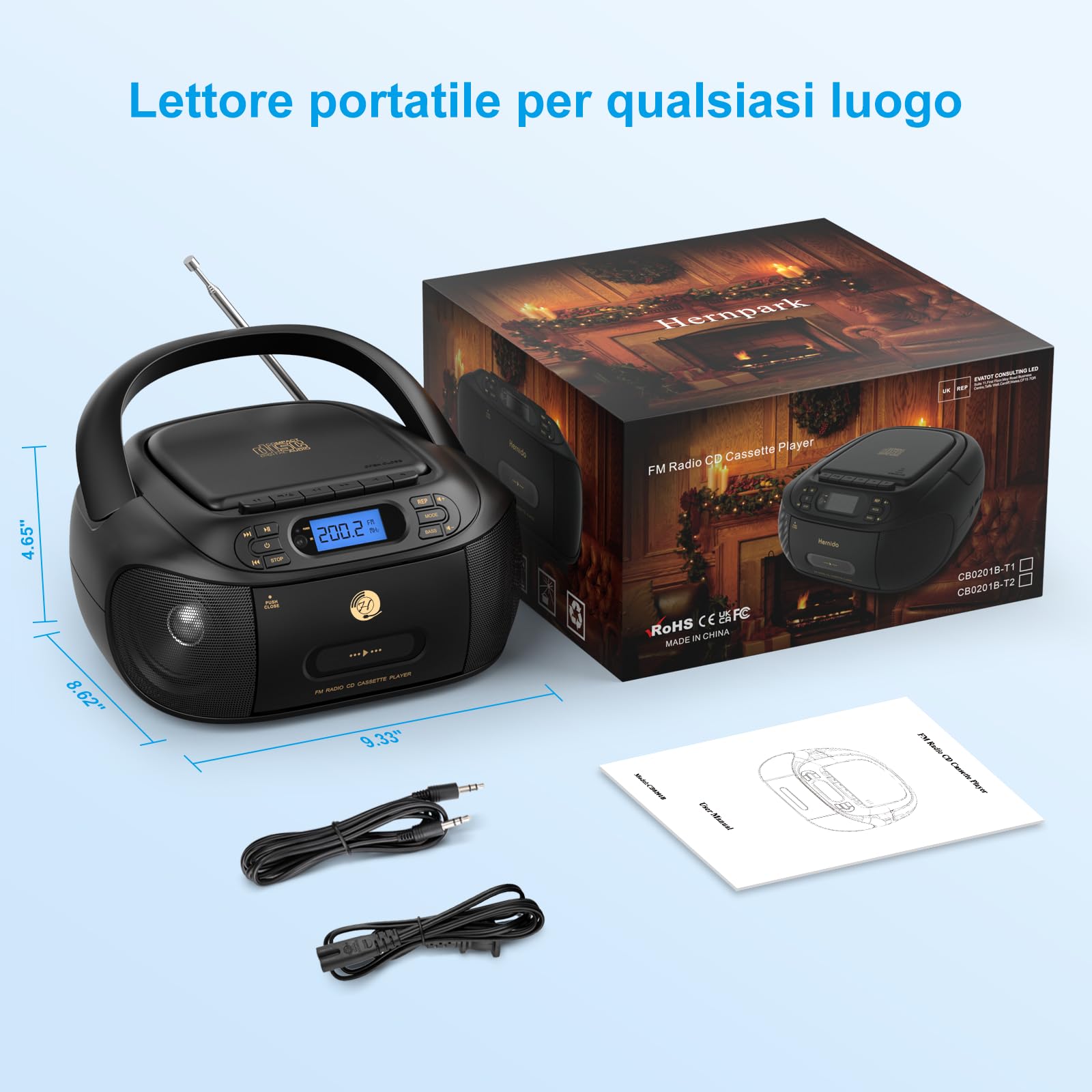 Lettore CD con Cassette, Radio FM Portatile, Lettore CD super basso Boombox con Bluetooth, Altoparlanti Stereo Incorporati, supporto AUX-In, Riproduzione USB, Uscita per cuffia