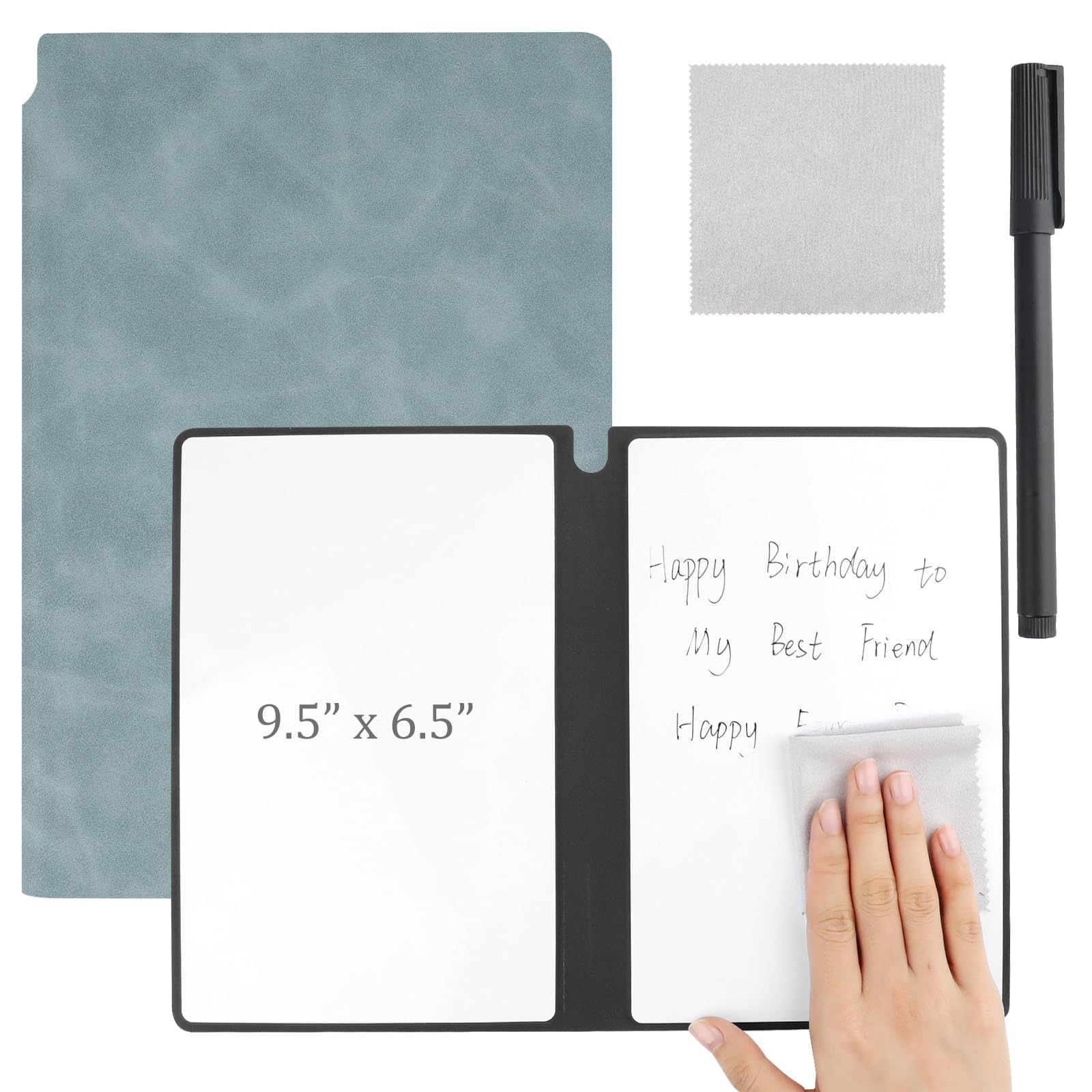 Reusable A5 Dry Erase Notebook, Portable Whiteboard Notepad 24.2x16.5 cm, PU Hardcover Erasable Notebook with Wipeable Pen and Cleaning Cloth, for Office Study Business Meeting (Light Cyan)