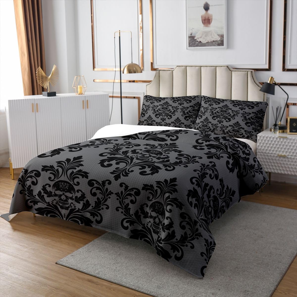 Gotycka czaszka, narzuta na poduszkę, egzotyczna antyczna, wiktoriańska, barokowa, dla dzieci, nastolatków, w stylu boho, czarny adamaszek, kwiatowa, zestaw pościeli, rozmiar S