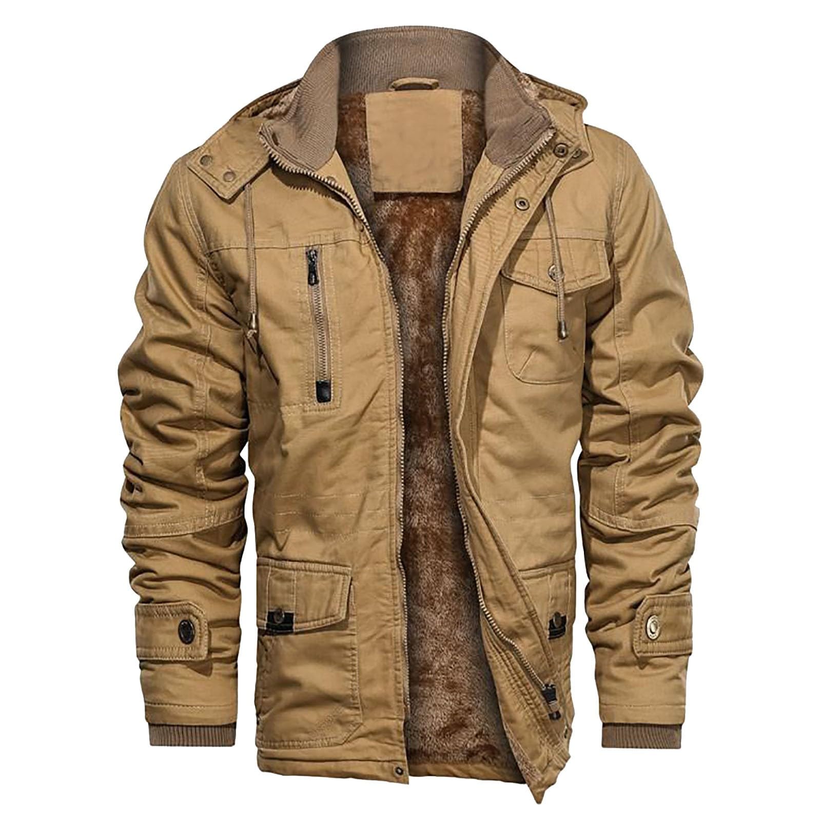 Generico Giacca Casual Maniche Lunghe Cappuccio Foderata Spessa Ideale Sport Autunno Inverno Abbigliamento Maschile (Khaki, XXL)
