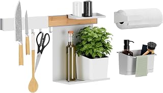 tesa Küchen-Organizer selbstklebendes organizer Regal ohne Bohren Wandmontage – Set XL mit Küchen Organizer Spüle, Ablagen, Hakenleiste, Kräutertopf, Messer Magnetleiste & Rollenhalter – Holz/Weiß