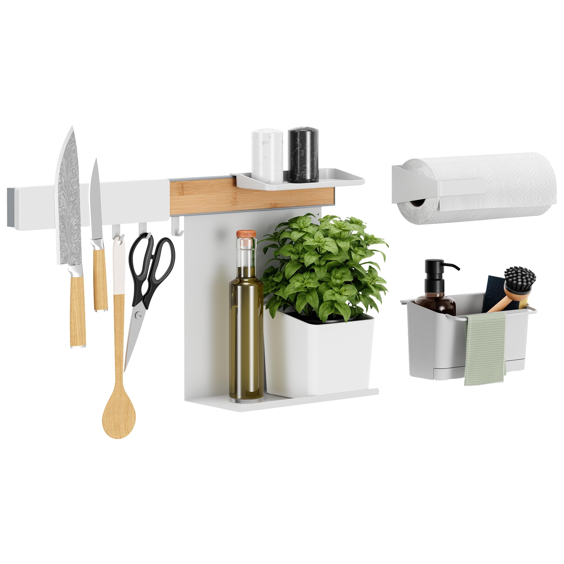 tesa Küchen-Organizer selbstklebendes organizer Regal ohne Bohren Wandmontage – Set XL mit Küchen Organizer Spüle, Ablagen, Hakenleiste, Kräutertopf, Messer Magnetleiste & Rollenhalter – Holz/Weiß