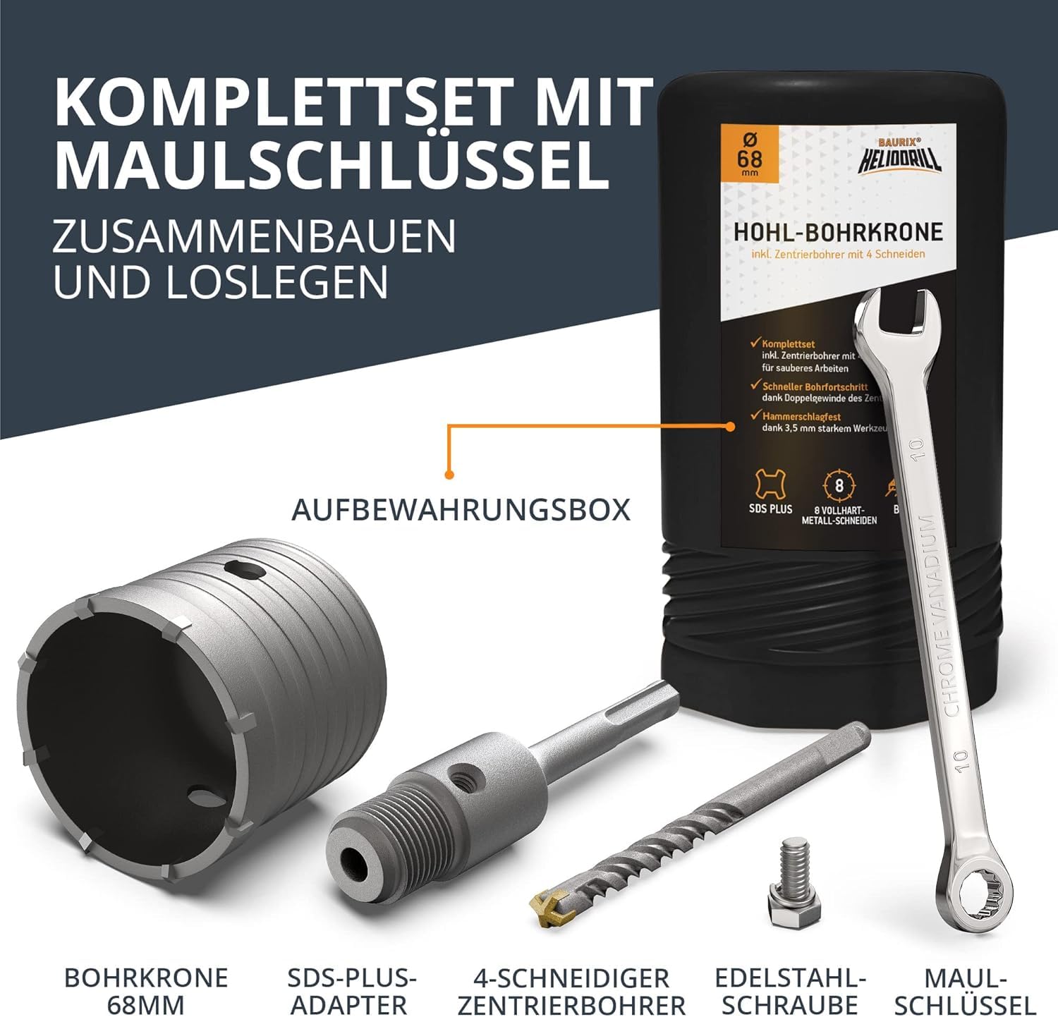 BAURIX® Koronka do puszek SDS Plus 68 mm – 8 zębów z węglika | Czyste otwory pod gniazda w murze, cegle i płycie GK – krzyżowy grot centrujący, chwyt do wiertarki udarowej.