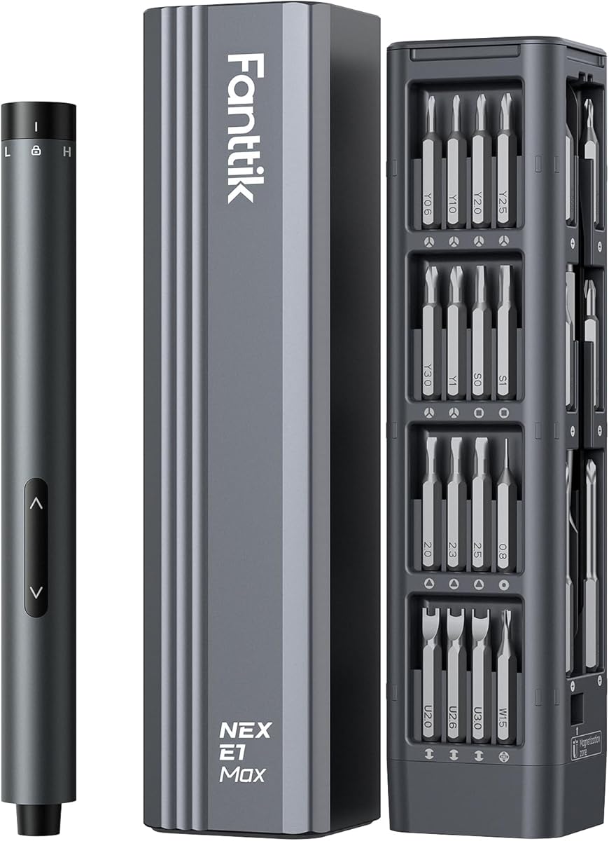 Fanttik E1 MAX mini cacciavite elettrico, set di cacciaviti di precisione con 50 punte di precisione magnetiche, coppia a 2 marce, senza fili, per telefono fotocamera portatile - Grigio