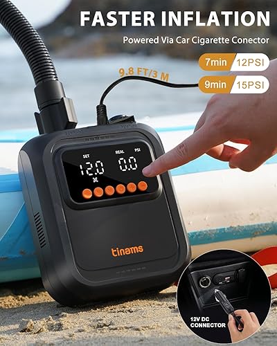 Miniatura 4 de Bomba SUP eléctrica de alta presión de 20 PSI, bomba de aire de apagado automático de 12 V, ultraligera para tablas de remo, kayaks e inflables (12