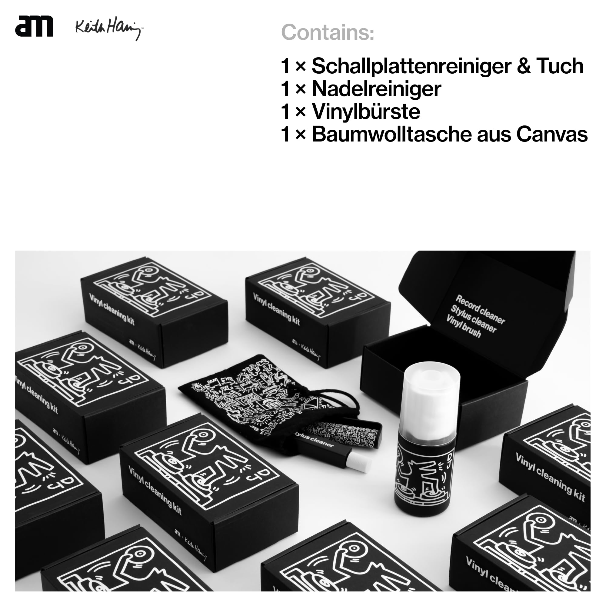 am Vinyl Reinigungsset 3-in-1 – Reinigungsspray 200 ml, Stylus Cleaner, Kohlefaserbürste & Reinigungstücher, Keith Haring