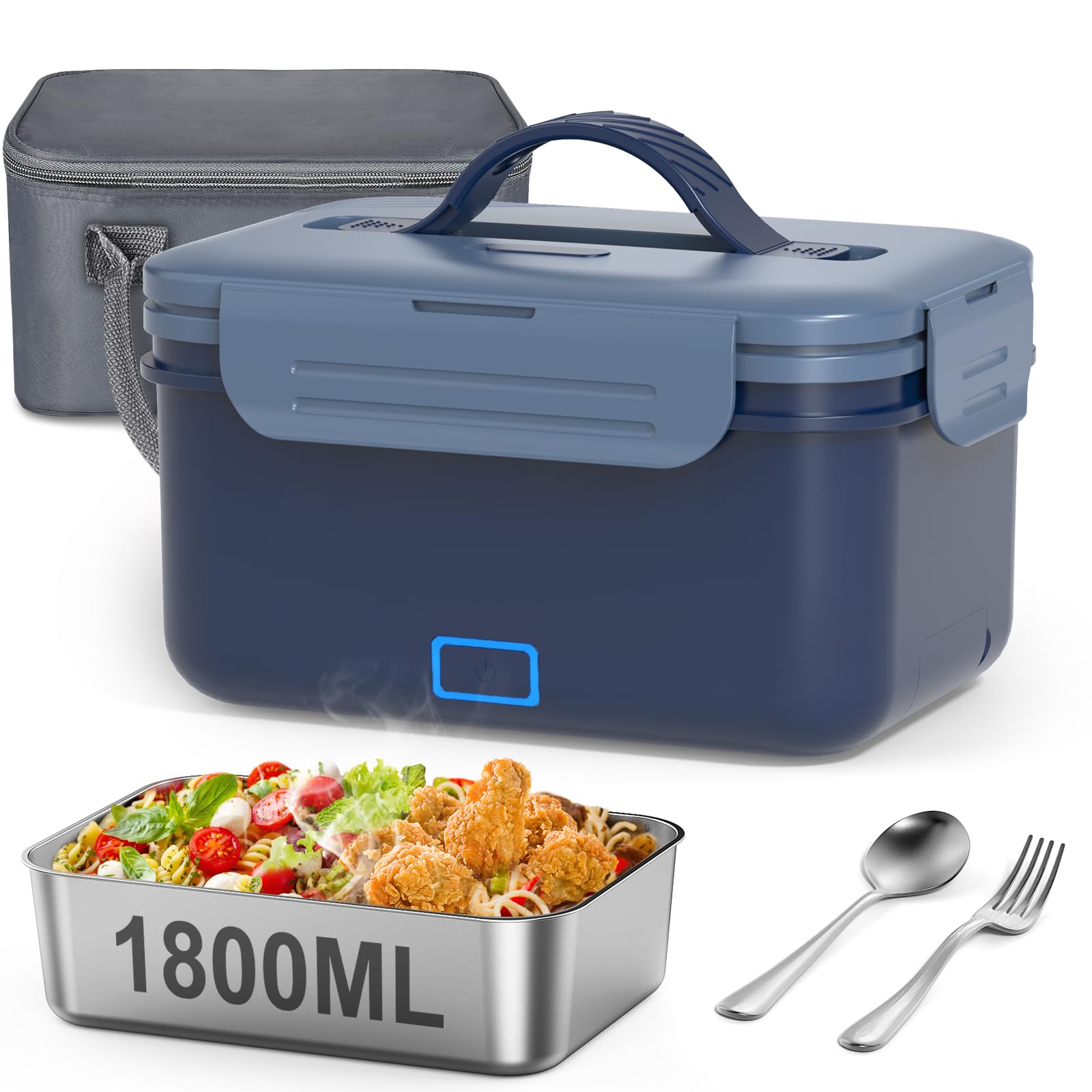 1,8L Elektrische Lunchbox Kabellos, 8000mAh Wiederaufladbare Batterie Heated Lunch Box, 75W Schnellaufhezung & Warmhaltefunktion,Selbstaufwärmende Lebensmittelwärmer für Auto,LKW,Büro,Camping,Outdoor