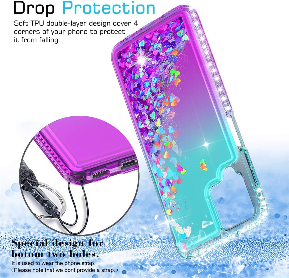 Samsung Galaxy A12 Case, Samsung A12 Case with [2 Pack] Tempered Glass Screen Protector for Girls Women, LeYi Glitter Diamond Clear Phone Case for Samsung Galaxy A12 5G, Gradient Teal/Purple