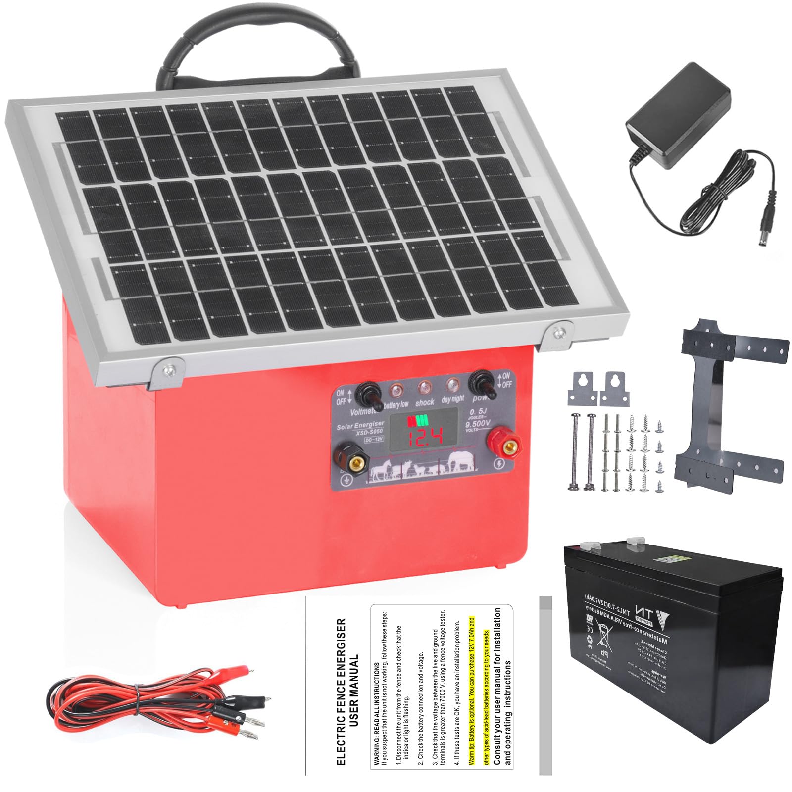 32KM - 12V Solar Pastor Electrico, Recinto eléctrico con panel solar de 7.5 W, 0,5J 9,5 KV, pastor eléctrico con batería de 7 Ah, para vacas, ganado, cría de aves de corral, pastor