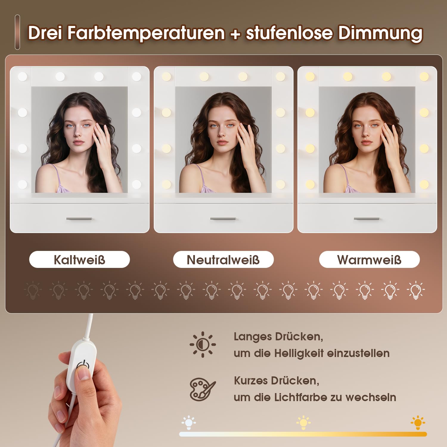 JUMMICO Große Schminktisch mit Verstellbaren LED-Beleuchtung und Steckdosen, Schminktisch mit Spiegel und 7 Schubladen, Fashionabler Frisiertisch Mit 10 LED Beleuchtung Schlafzimmer, Weiß