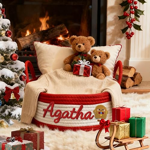 Miniatura 5 de Cestas de Navidad personalizadas con nombre, cesta de cuerda de algodón personalizada para decoración de Navidad con la familia, cesta de regalo