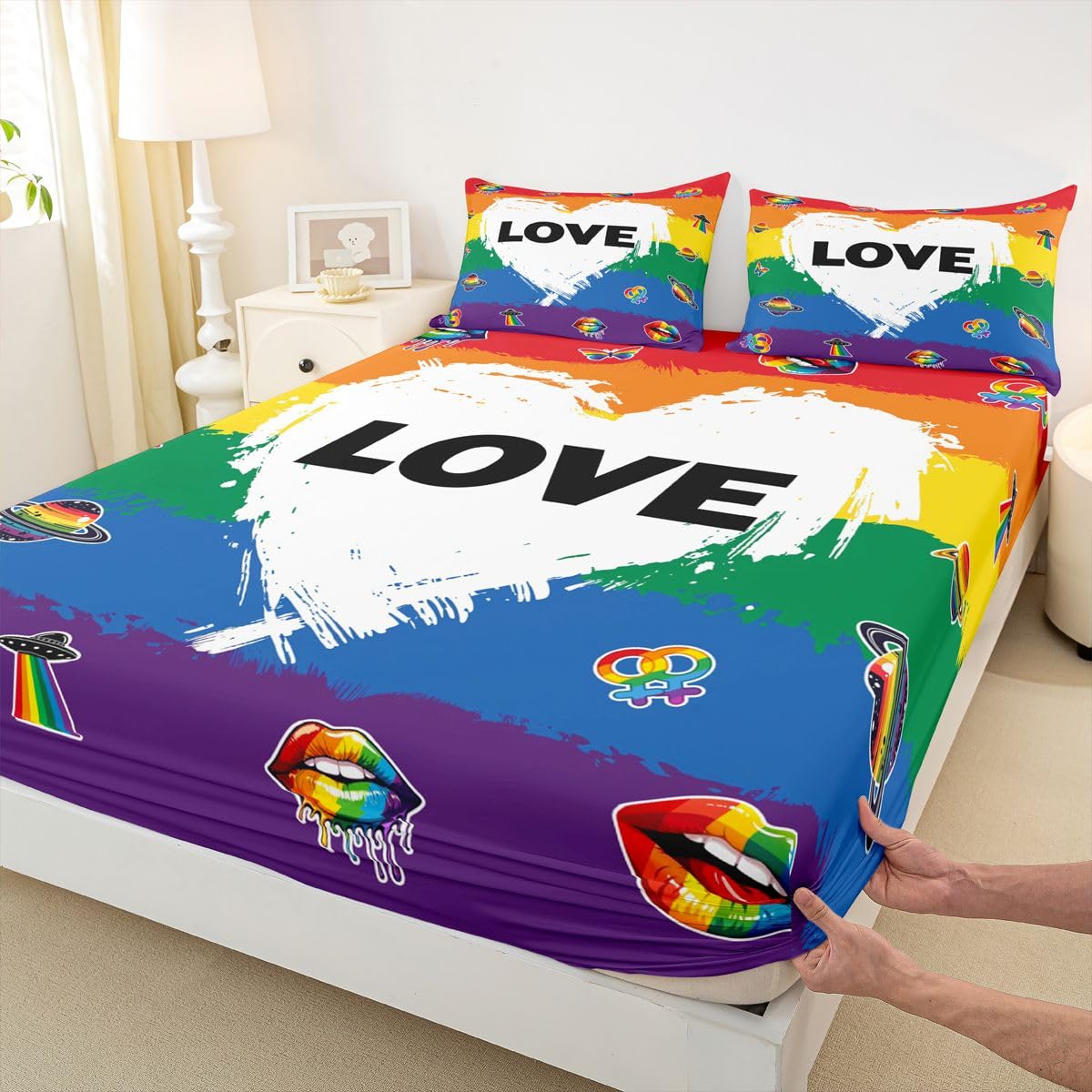 Homewish LGBT zestaw pościeli dumy podwójne geje lesbijki miłość prześcieradła kolorowe geometryczne paski pościel - tęczowe usta planeta prześcieradła zestaw 4 sztuk