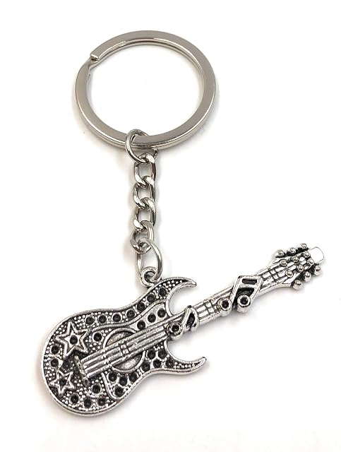 Onwomania Llavero Guitarra con Notas Guitarra Eléctrica Silver Metal Colgante Encanto