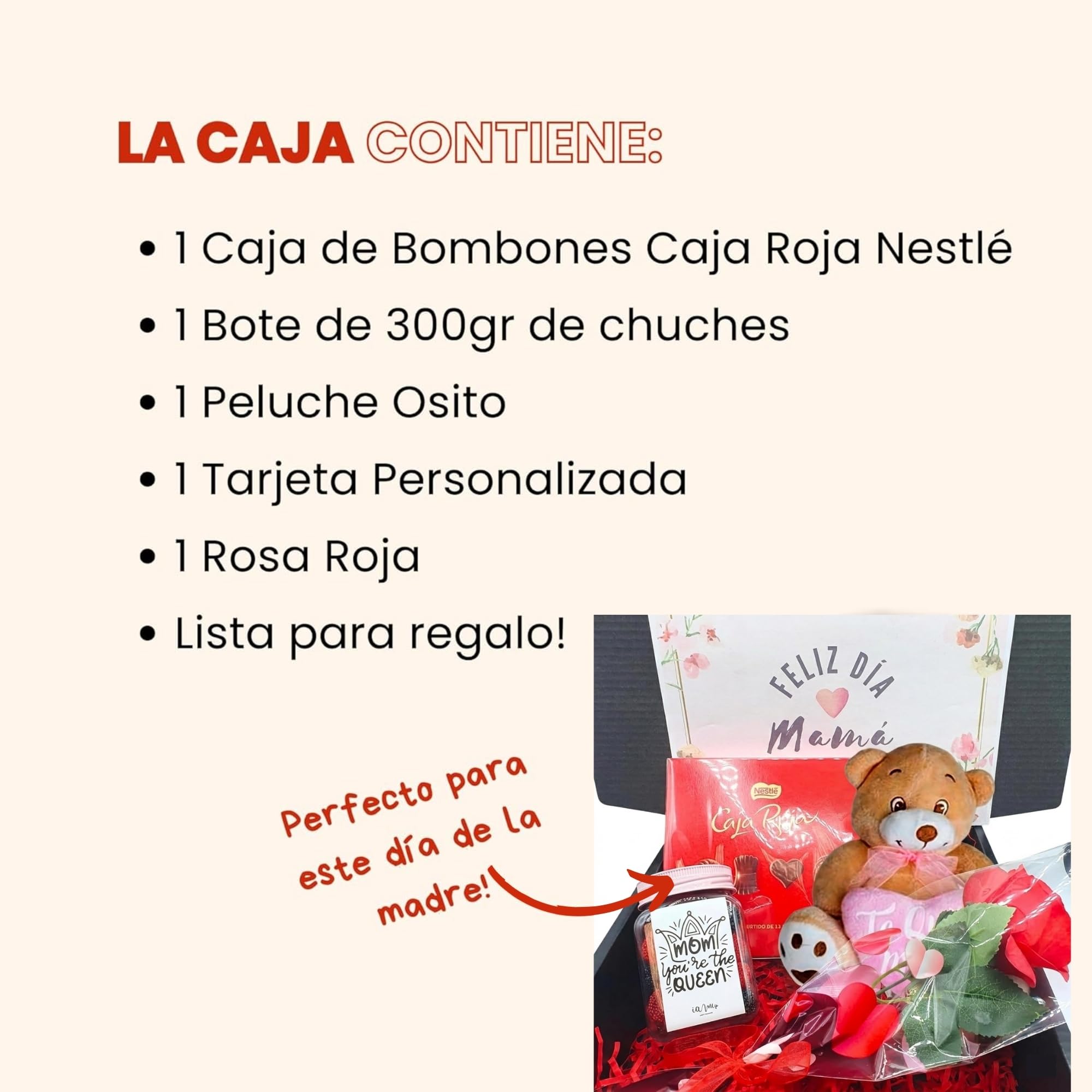 Pack Regalos Originales para Dia de la Madre | Cesta Dia de la madre con Bandeja Bombones Caja Roja + Rosa + Peluche + Frasco de Chuches dia de la Madre | Regalo para Mamá con Bombones