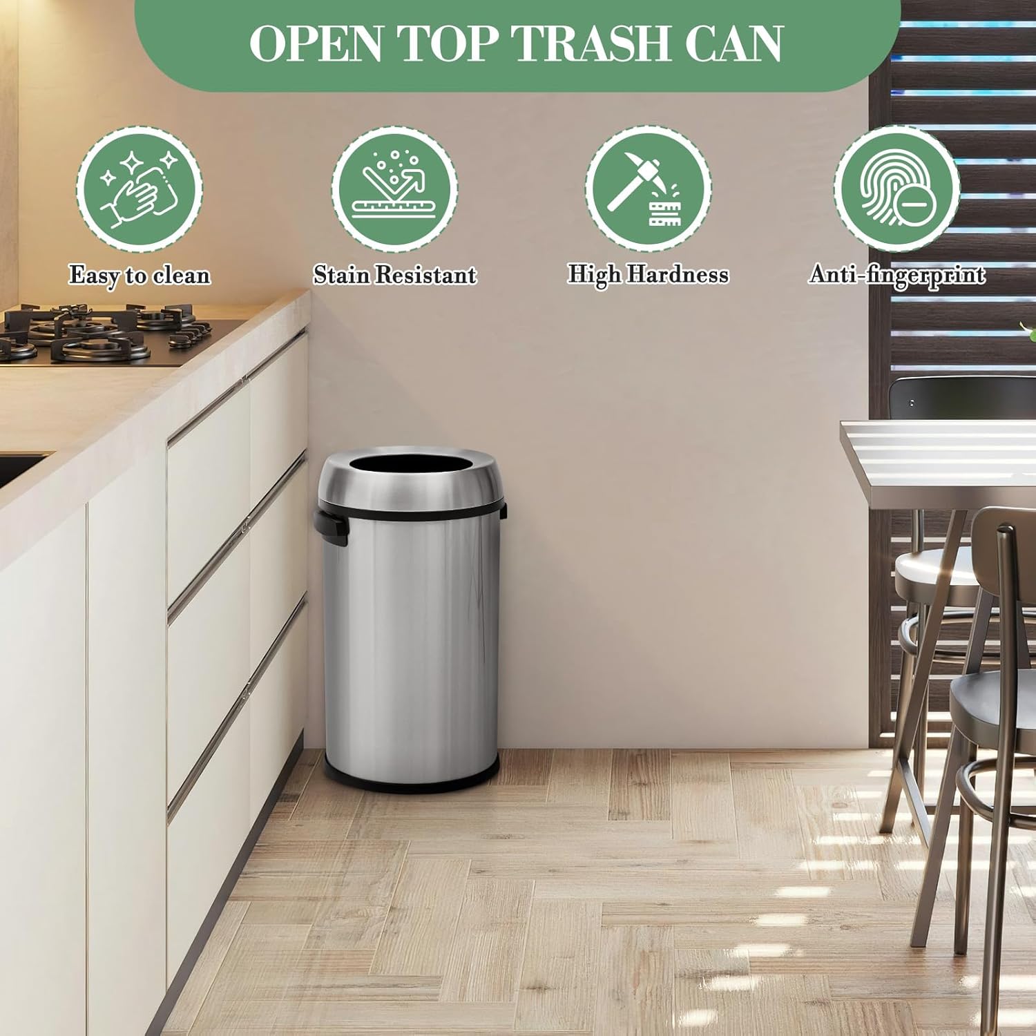 1 Pack 65L Open Top Commercial Trash Can, 410/430 Stainless Steel Waste Bin with PP+ABS New Components, No Inner Liner Heavy Duty Container for Kitchen Office Restaurant