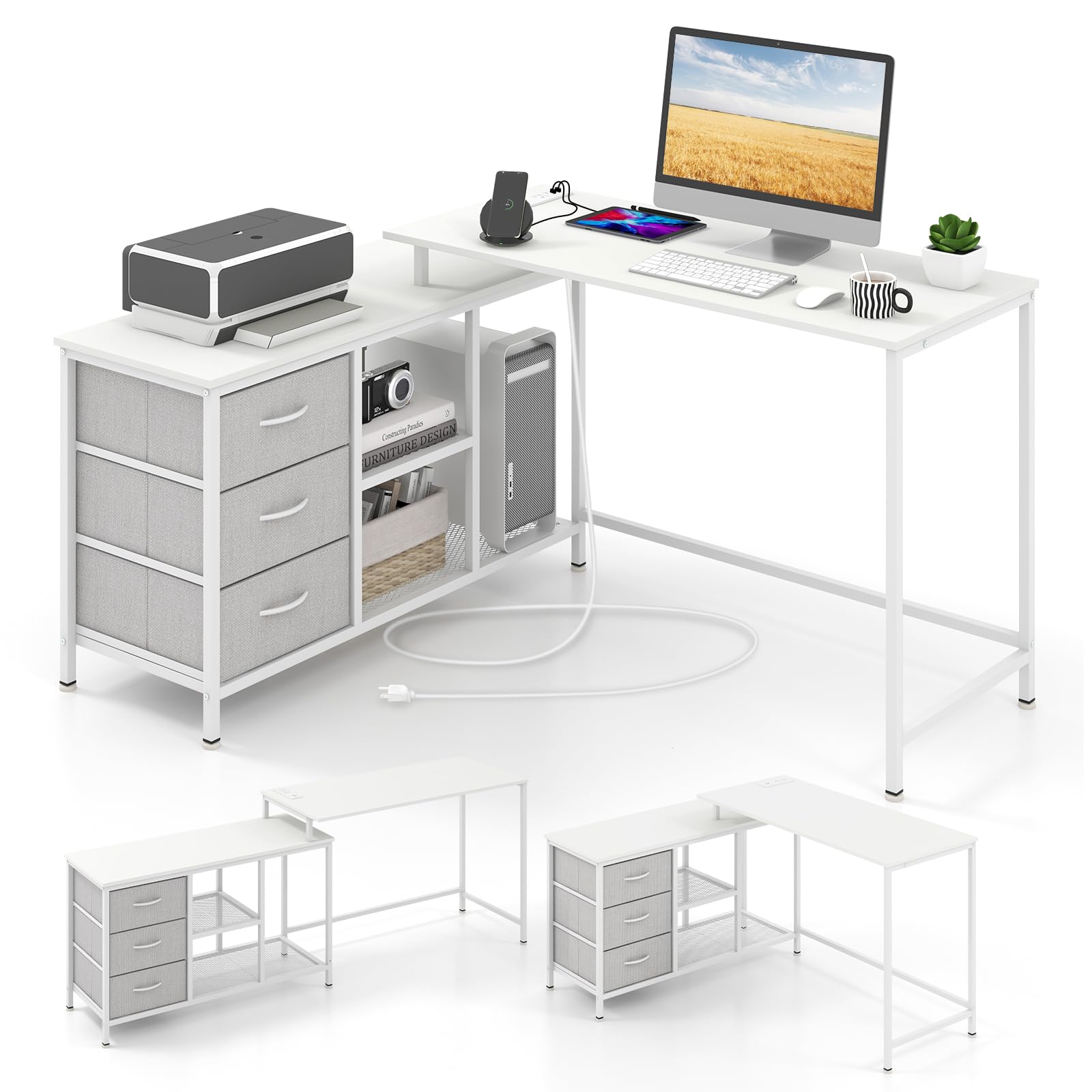 COSTWAY Escritorio Esquinero, Puerto de Carga USB y Toma de Corriente, Escritorio en L con 3 Cajones de Cajones de Tela y Estante, 2 Formas, 140 x 105 x 75 cm, Mesa en L para 2 Personas(Blanco)