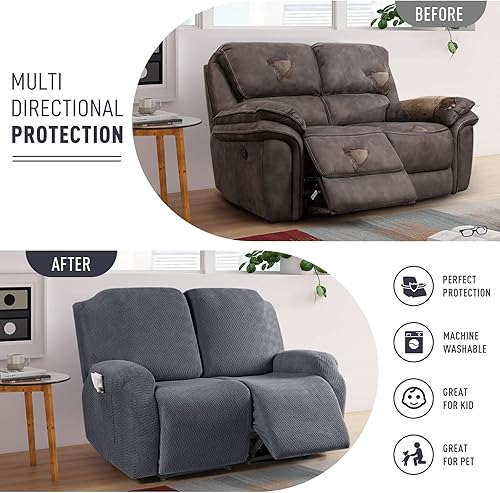 Miniatura 4 de KinCam Fundas reclinables para sofá biplaza, 2 piezas elásticas para sofá reclinable de 2 asientos, fundas protectoras de muebles de jacquard a