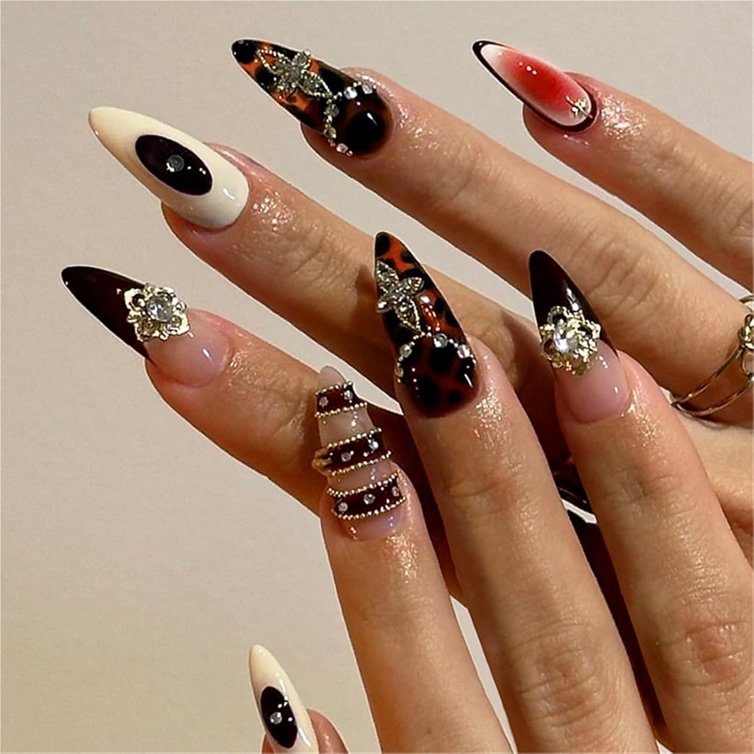 24Pcs Medium False Nails Dark Red 3D Pattern Stick On Nails Removable Glue Press On Acrylic Tips Halloween Women Punk Art Accessories