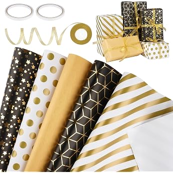 Wrapping Paper Black Gold 5 Sheets of Gift Wrapping Paper Birthday Wrapping Paper Set with Ribbon Gold Wrapping Paper for Birthday Wedding Christmas Party - 70 x 50 cm