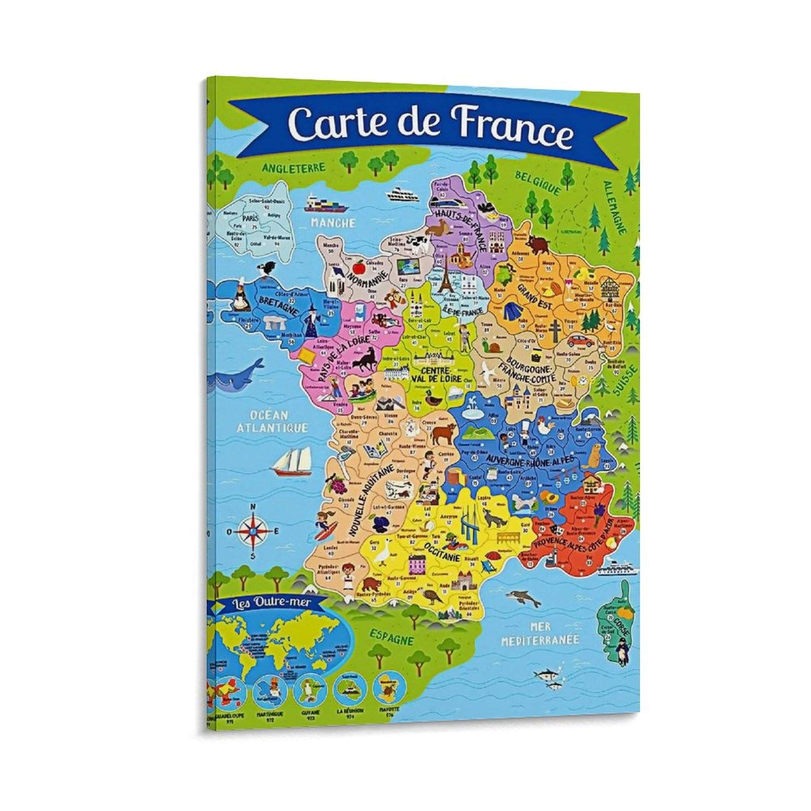 TUOXIE Poster carte de France pour enfants Peinture décorative sur toile Art mural Posters Salon Chambre 50 x 75 cm